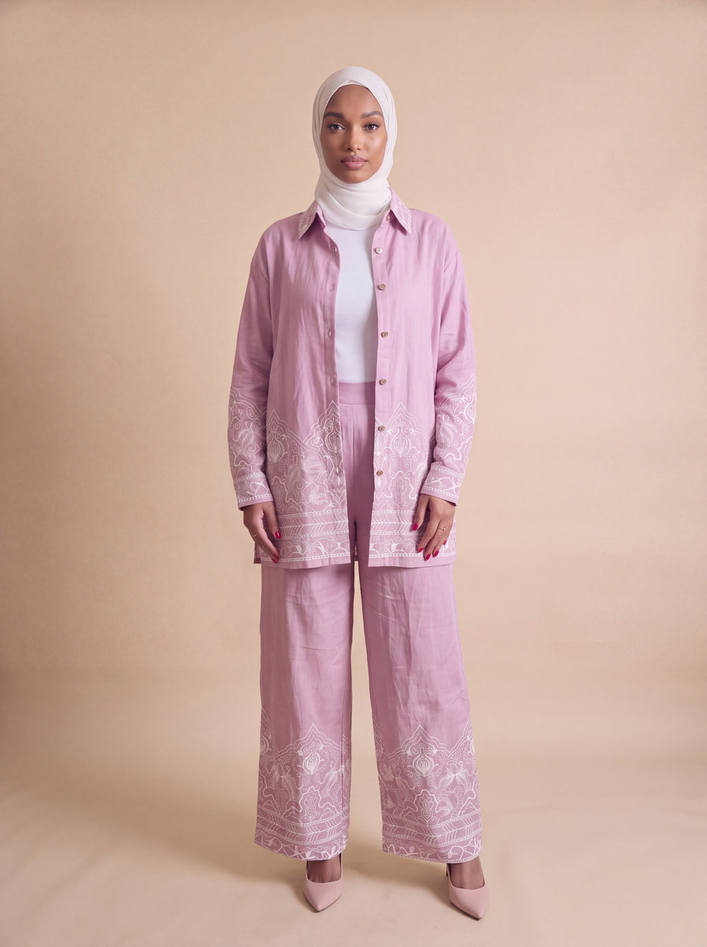 Soft pink embroidered set styled open