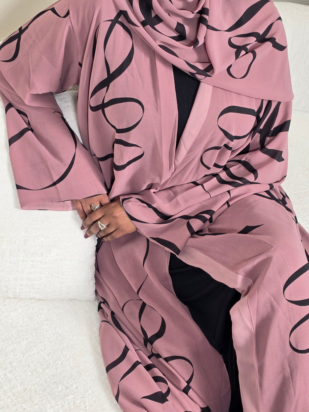 Antique rose open abaya set styled for elegant everyday modest dressing