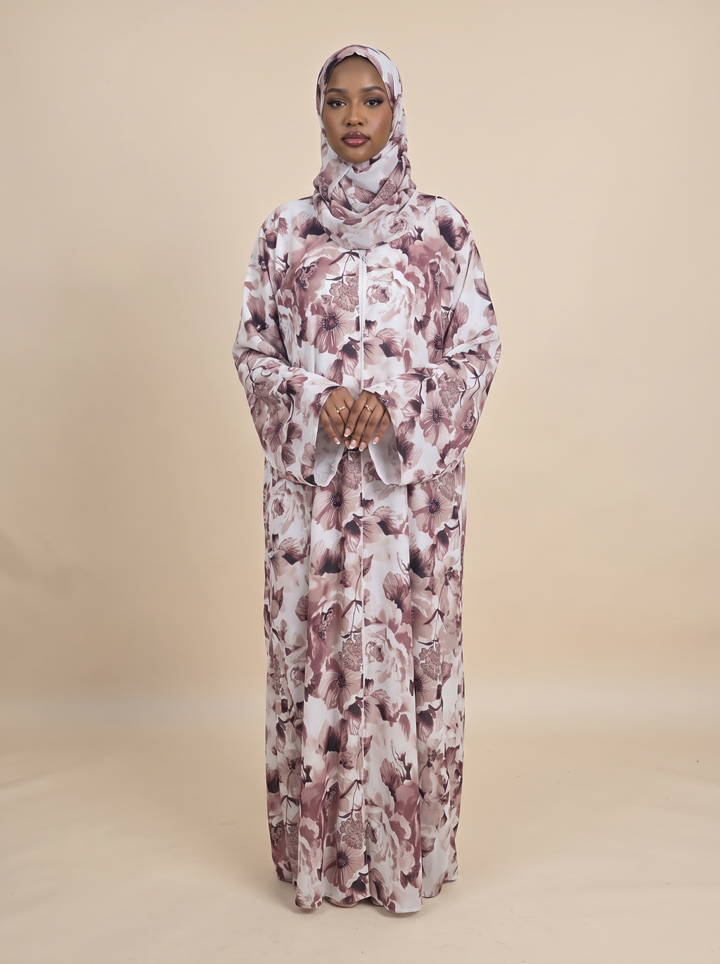 Vintage mauve floral abaya with matching hijab for Eid and special occasions