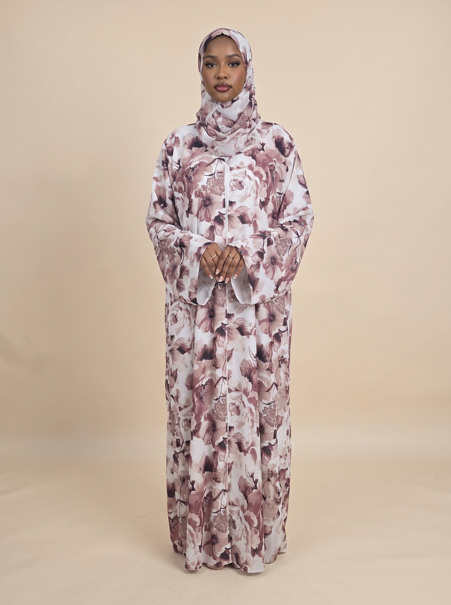 Vintage mauve floral abaya with matching hijab for Eid and special occasions