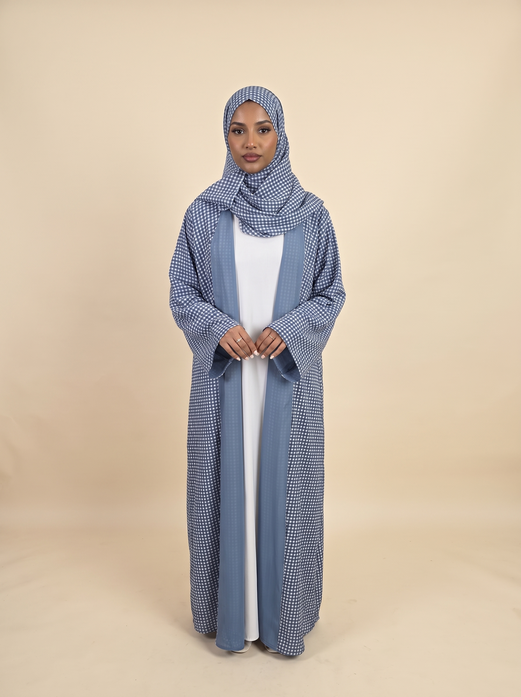 Coastal gingham double chiffon abaya with matching hijab for modest everyday wear