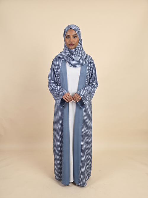 Coastal gingham double chiffon abaya with matching hijab for modest everyday wear