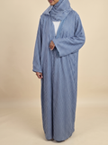 Denim blue gingham check chiffon open abaya set for hijab-friendly summer outfits