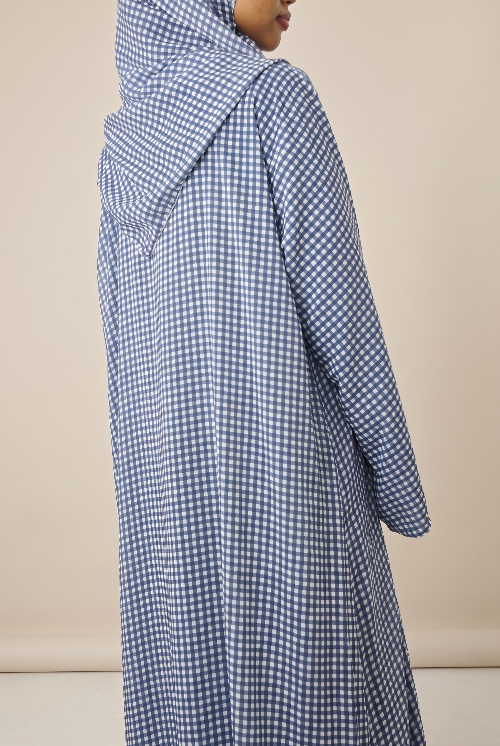 Blue and white gingham open abaya for breathable modest styling