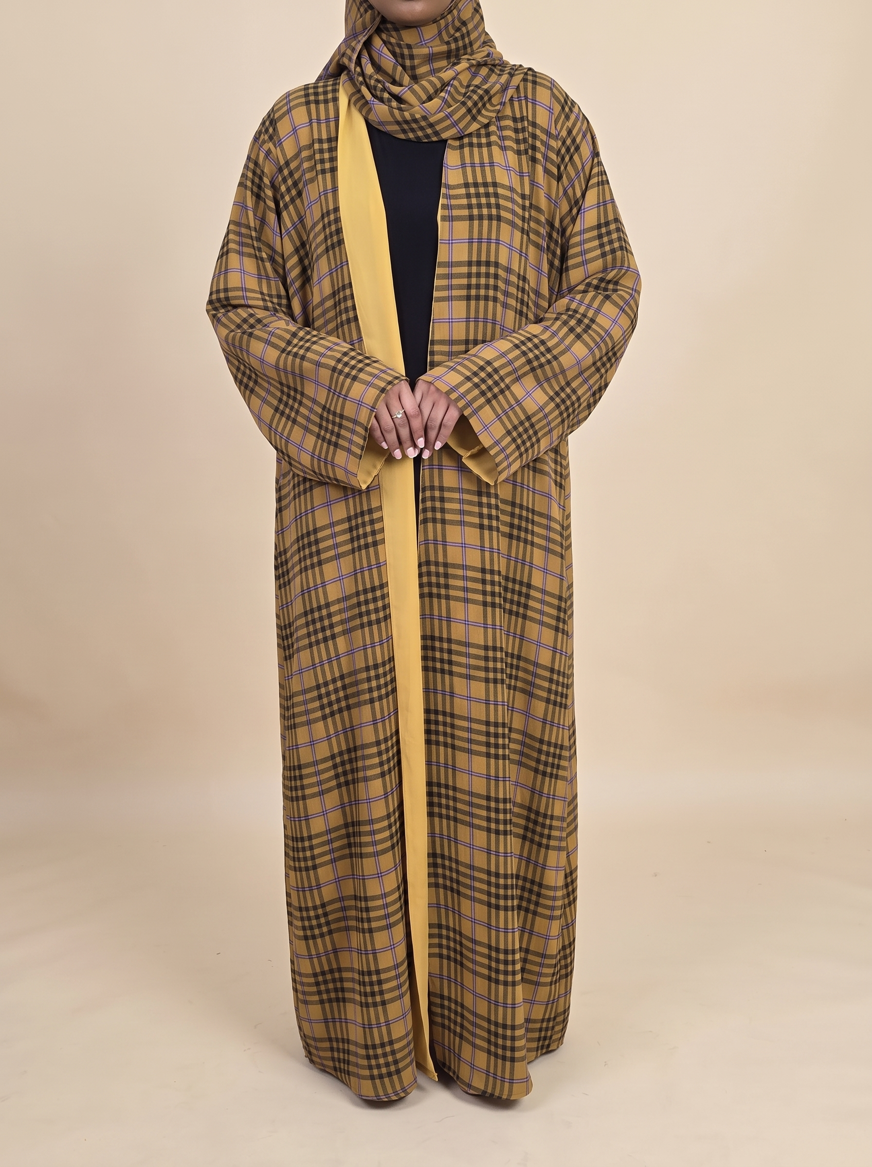 Mustard gold plaid chiffon open abaya set for hijab-friendly everyday outfits