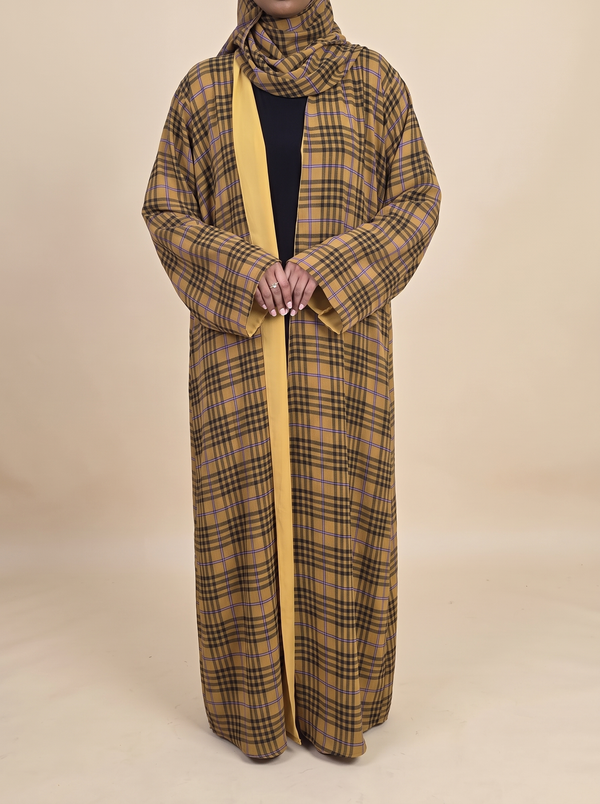 Saffron Grid Plaid Double Chiffon Open Abaya Set