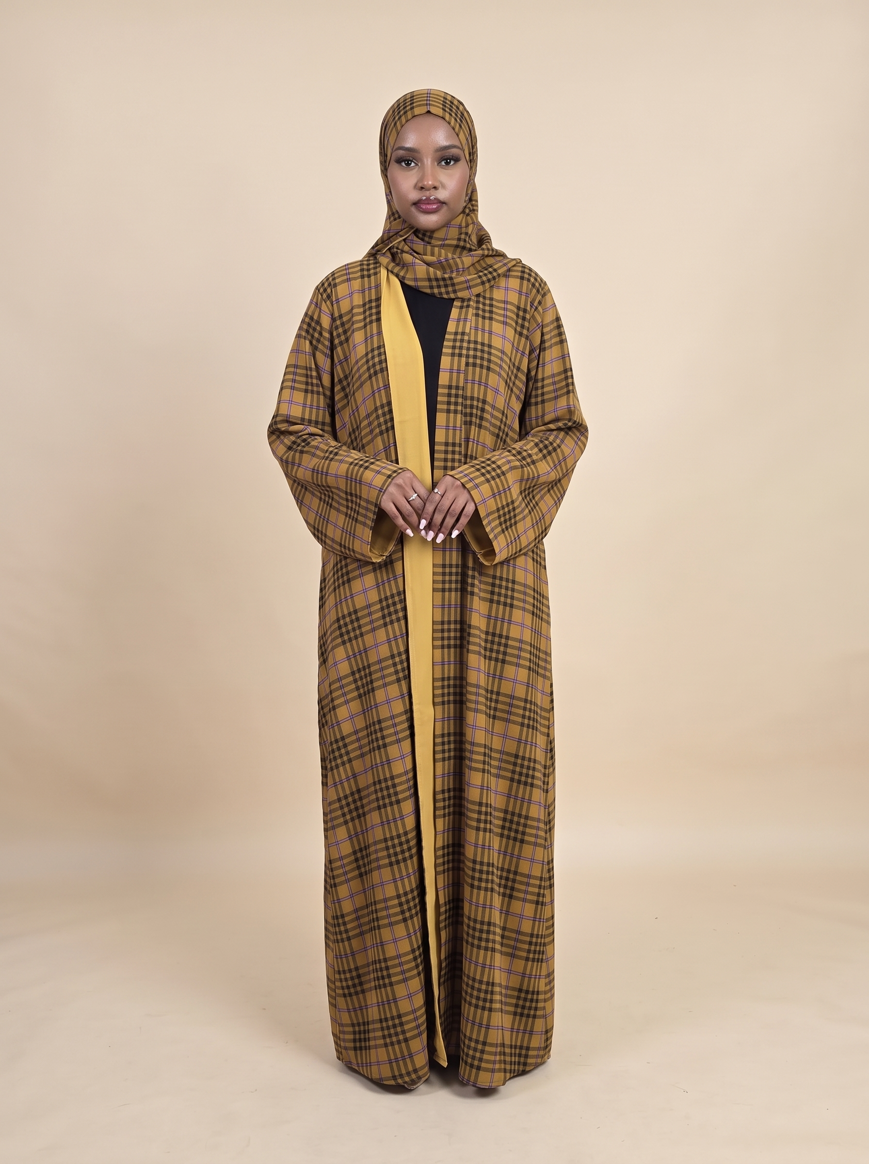 Saffron grid plaid open abaya with matching hijab for modest occasion wear