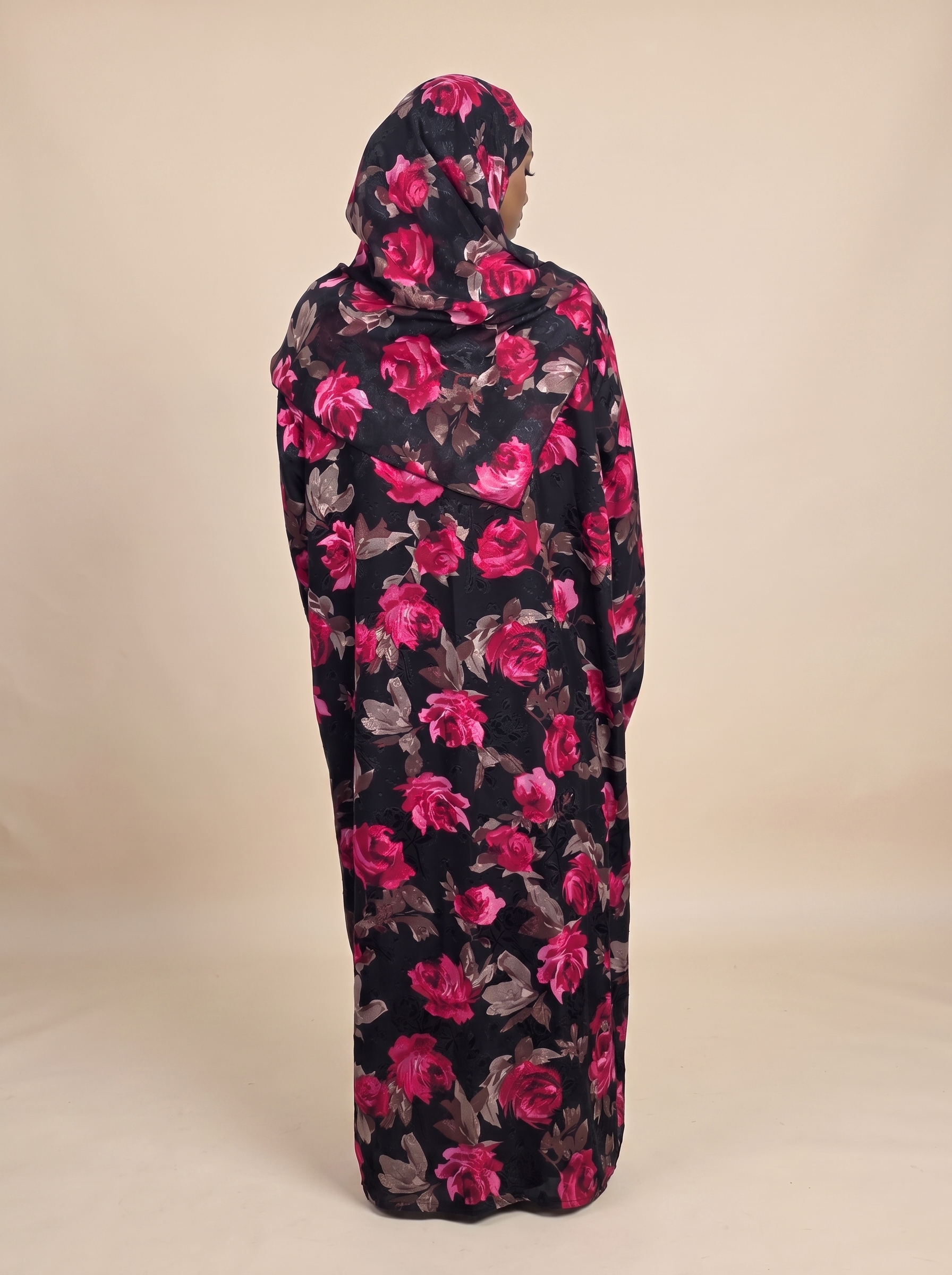 Jouri rose print chiffon abaya with matching hijab for Eid and occasion wear