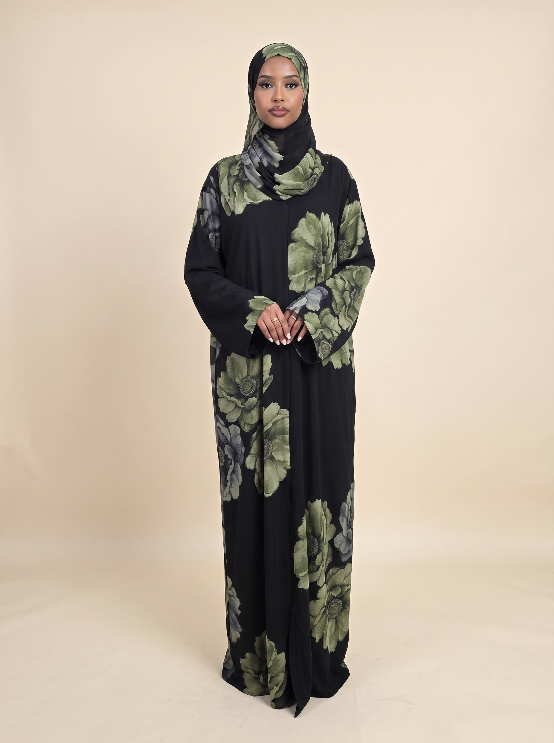 Black sage floral double chiffon abaya for modest everyday elegance