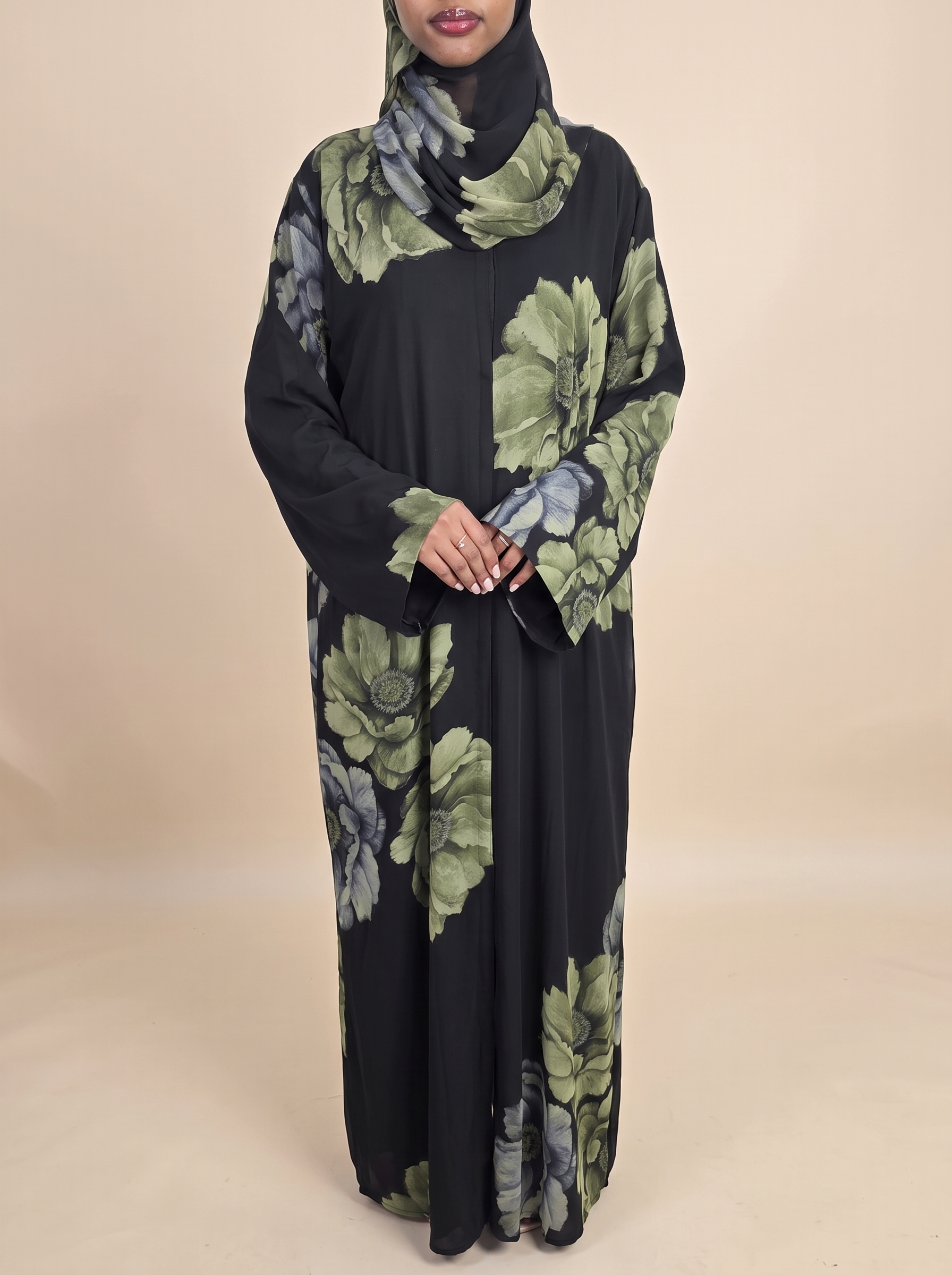 Black botanical floral chiffon abaya set for elegant Muslim women's clothing
