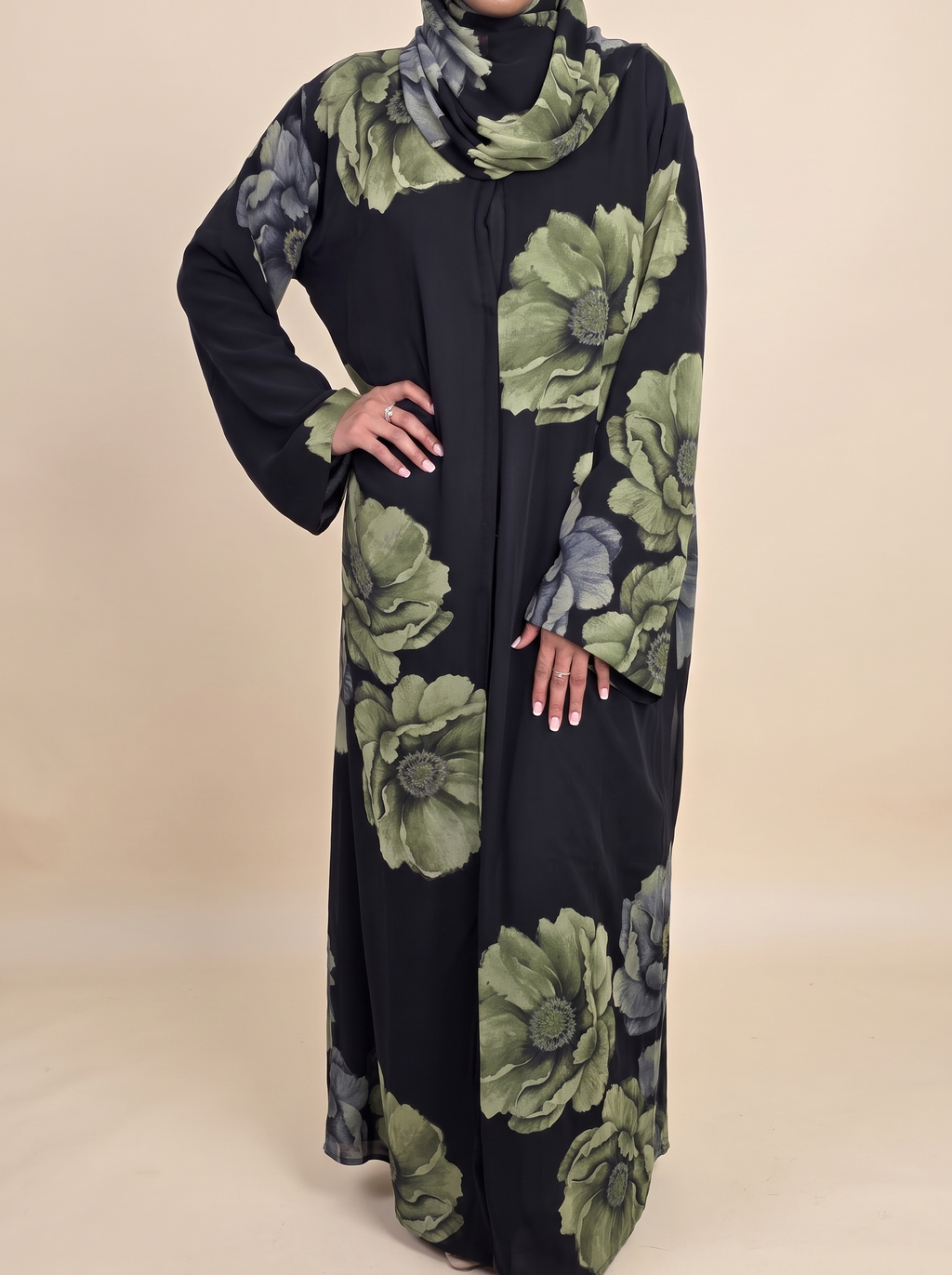 Nocturne garden floral abaya with matching hijab for evening and occasion wear