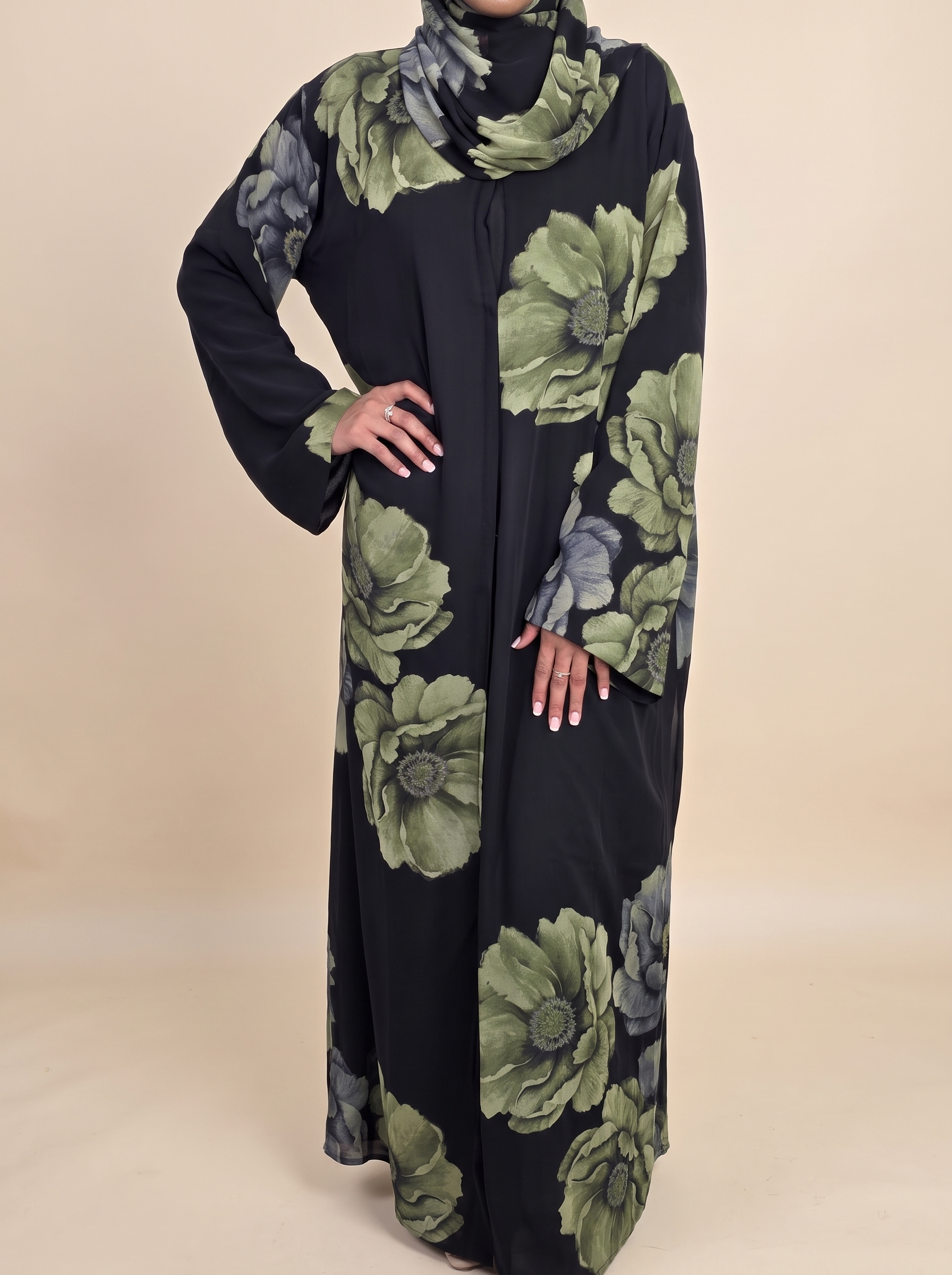 Nocturne garden floral abaya with matching hijab for evening and occasion wear