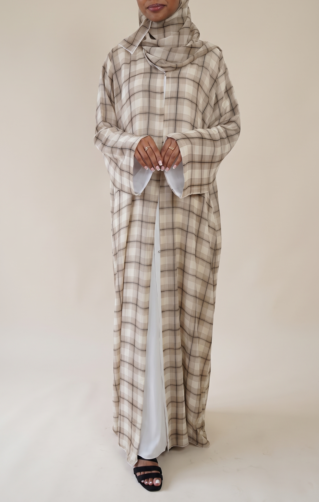 Cream and taupe plaid double chiffon abaya set for everyday modest dressing