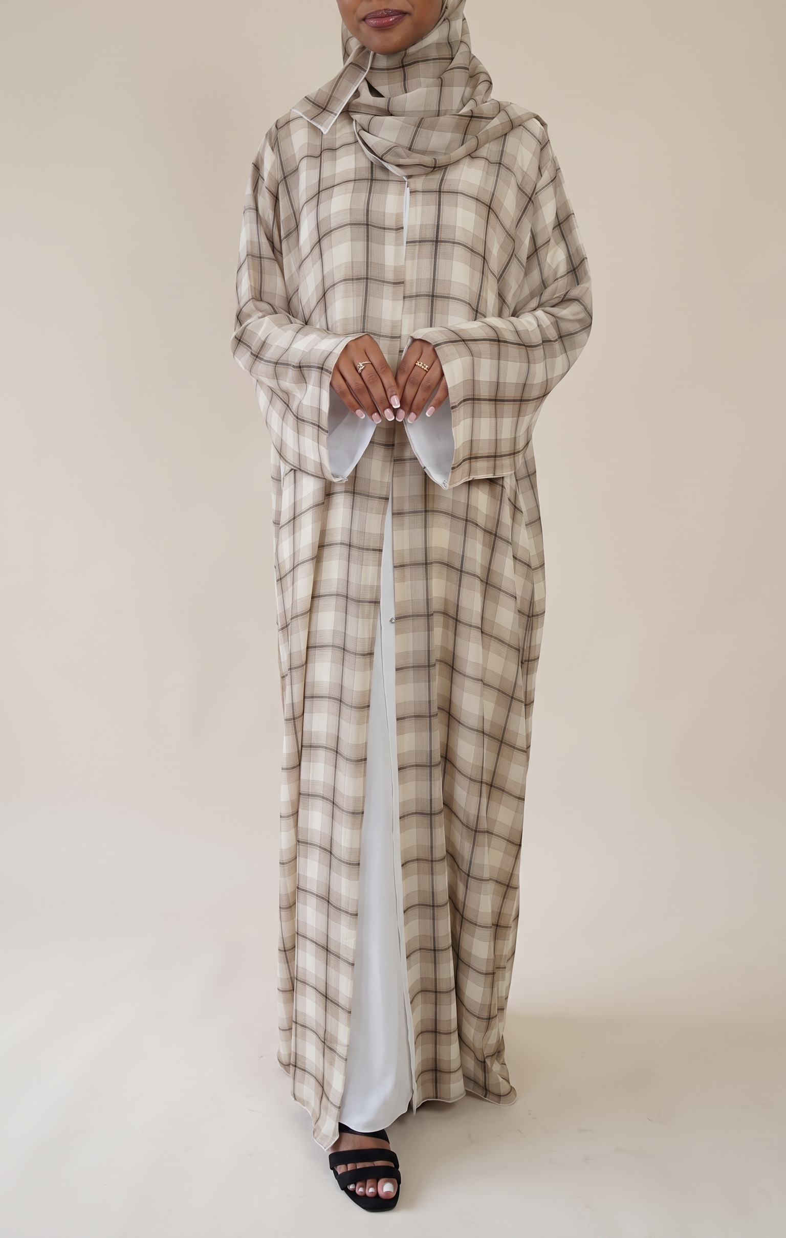 Cream and taupe plaid double chiffon abaya set for everyday modest dressing
