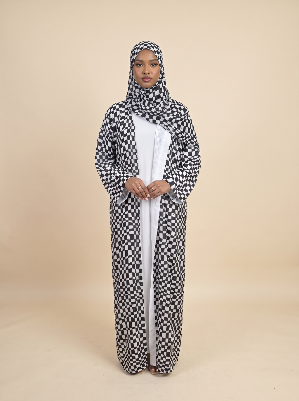Royal chess checkerboard chiffon abaya with matching hijab for occasion wear