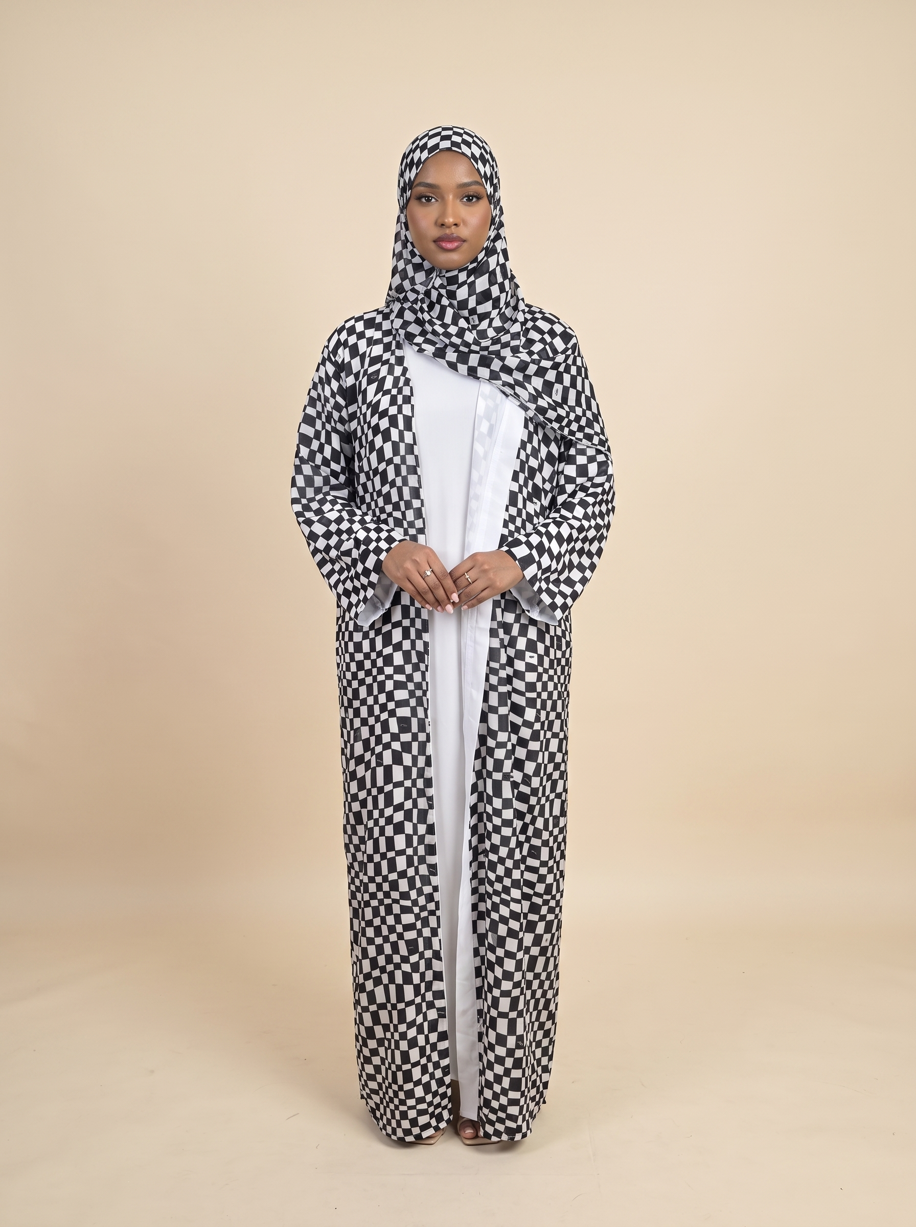 Royal chess checkerboard chiffon abaya with matching hijab for occasion wear
