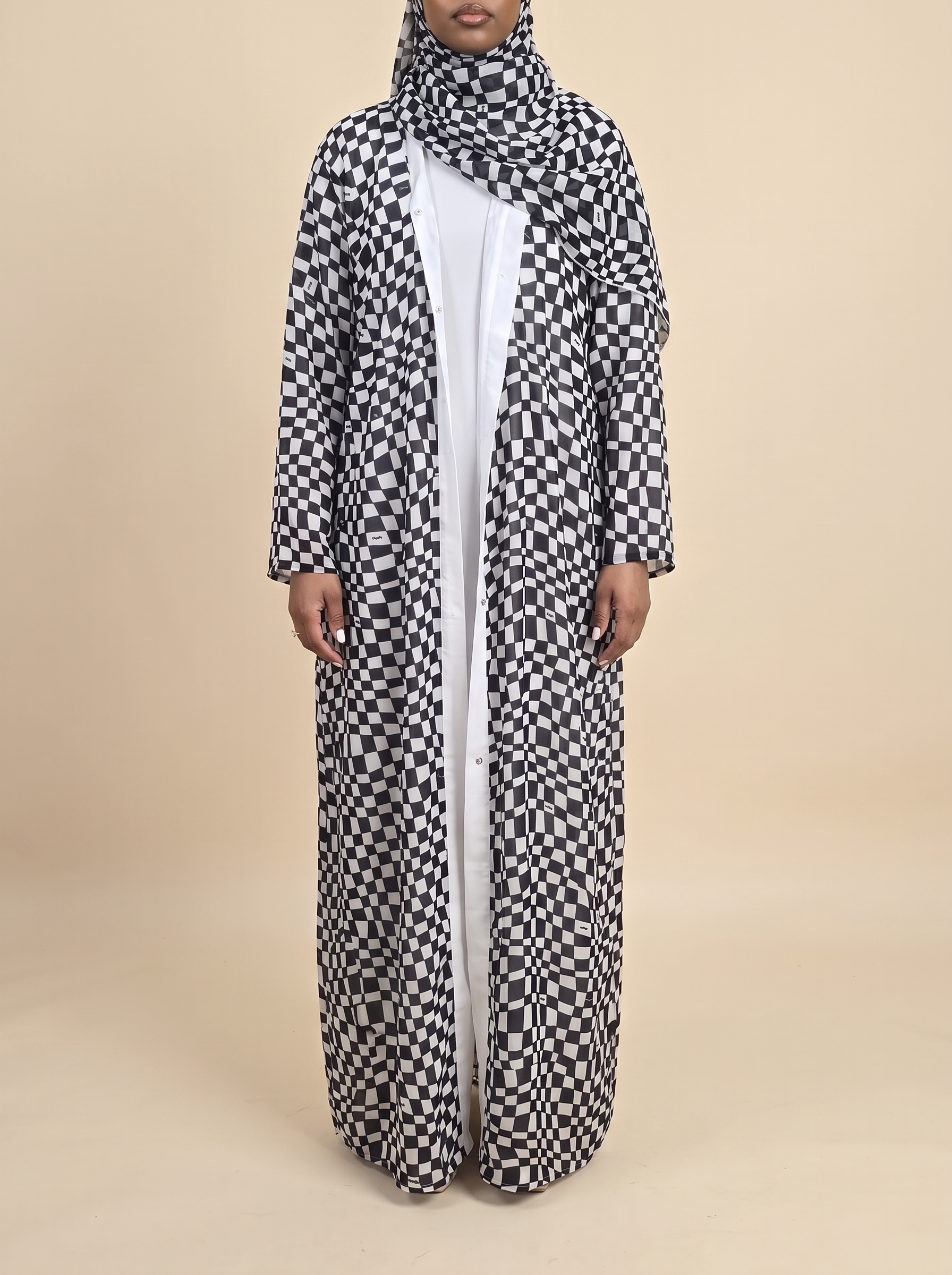 Black and white checkered double chiffon abaya set for modern modest fashion