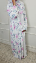 Lilac watercolor floral chiffon abaya set for hijab-friendly everyday outfits