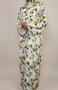 Olive and gold leaf print chiffon abaya set for hijab-friendly modest outfits