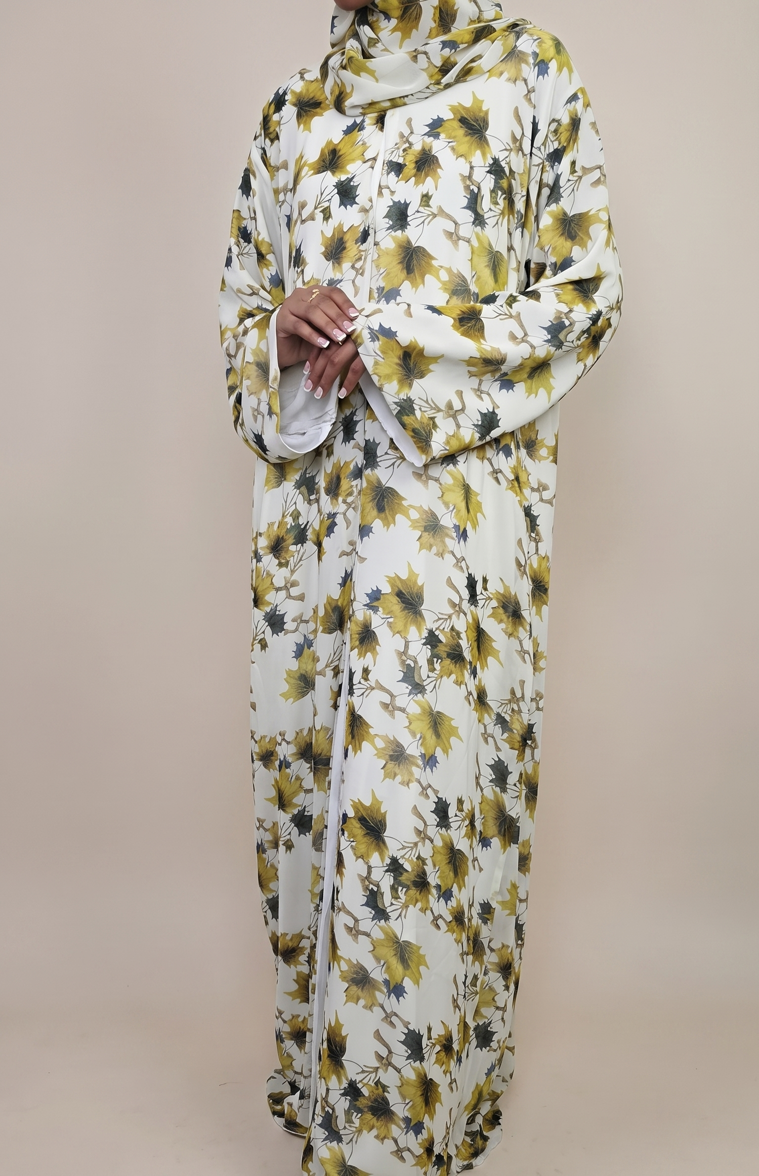 Olive and gold leaf print chiffon abaya set for hijab-friendly modest outfits