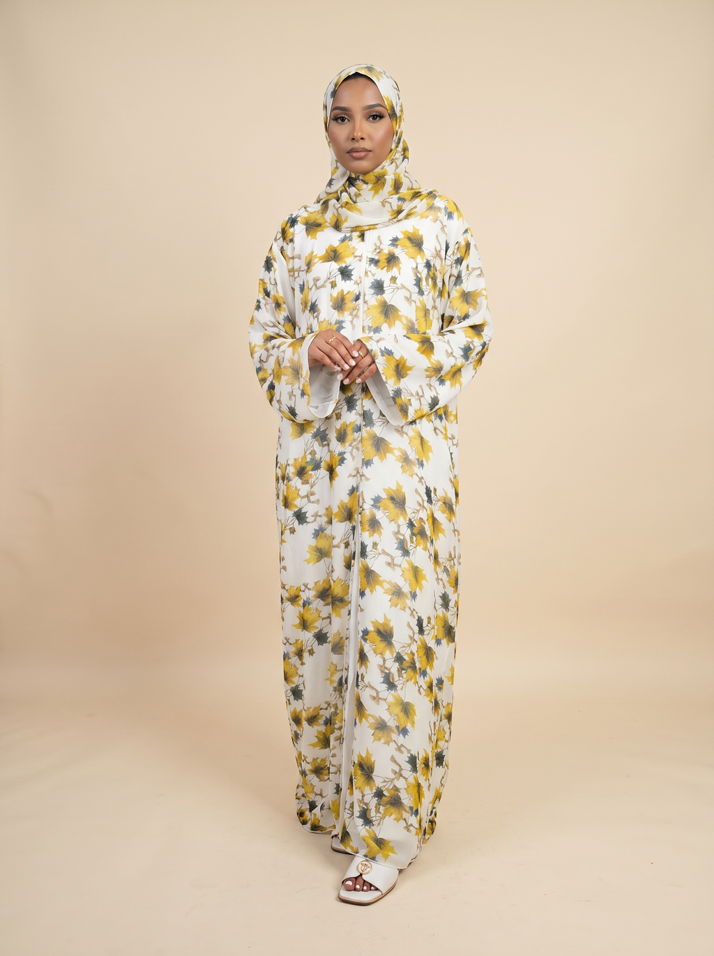 Zaytoon leaf print double chiffon abaya with matching hijab for summer modest style