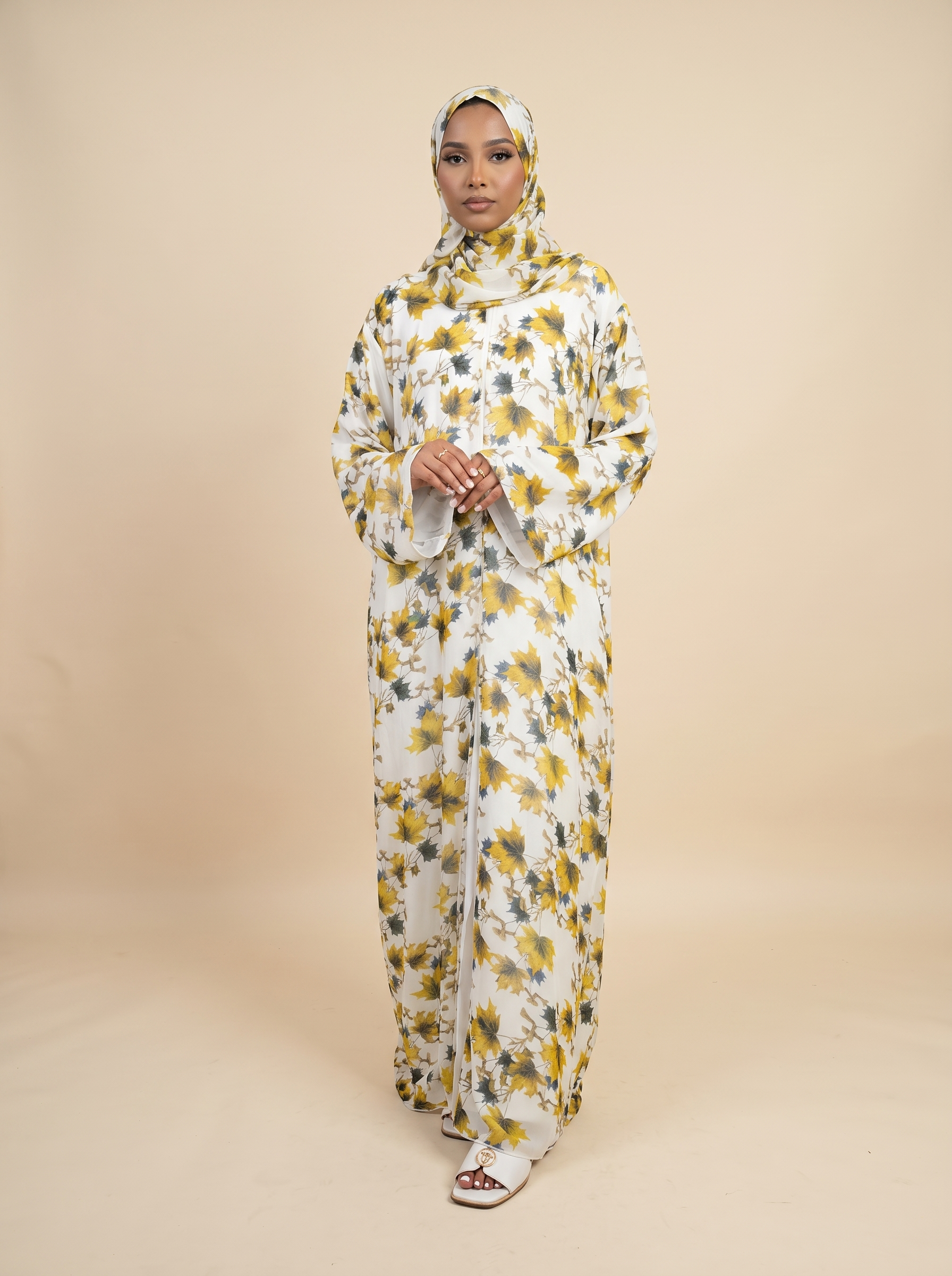 Zaytoon leaf print double chiffon abaya with matching hijab for summer modest style