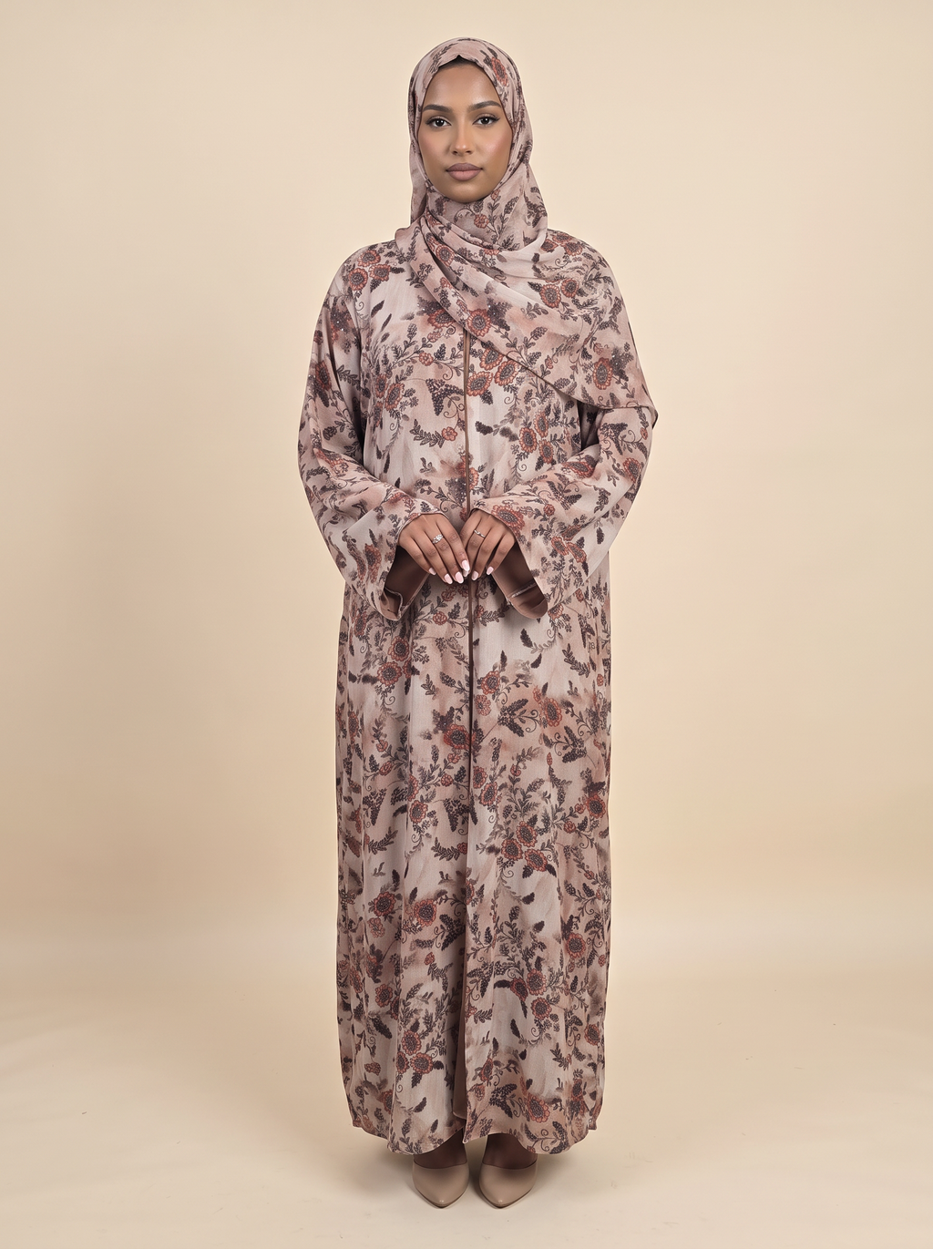 Zahra blush floral chiffon abaya with matching hijab for occasion and everyday wear