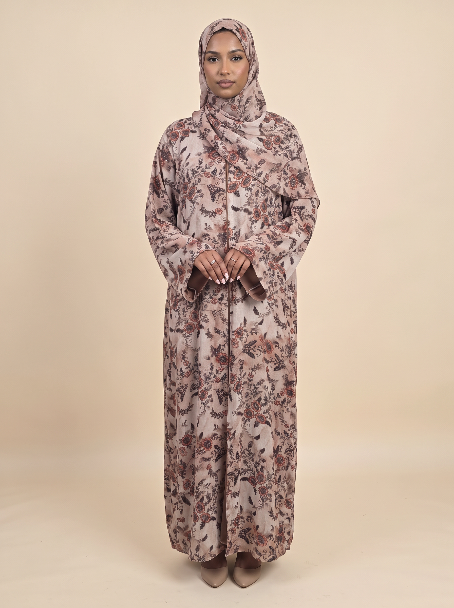 Zahra blush floral chiffon abaya with matching hijab for occasion and everyday wear