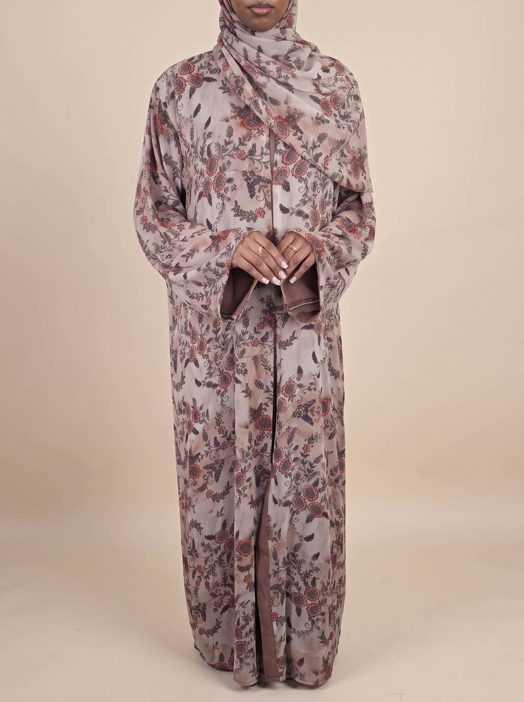 Blush and mocha floral double chiffon abaya set for modern modest fashion