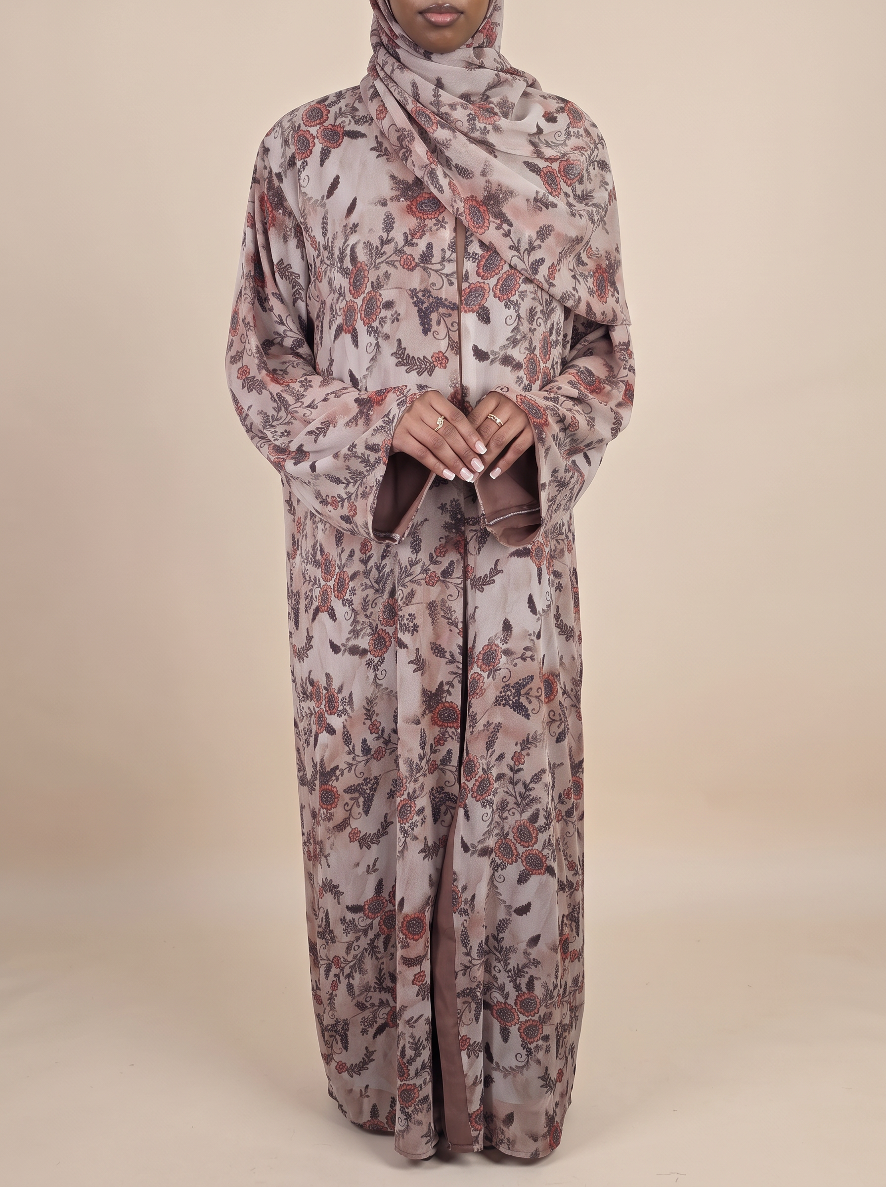Blush and mocha floral double chiffon abaya set for modern modest fashion