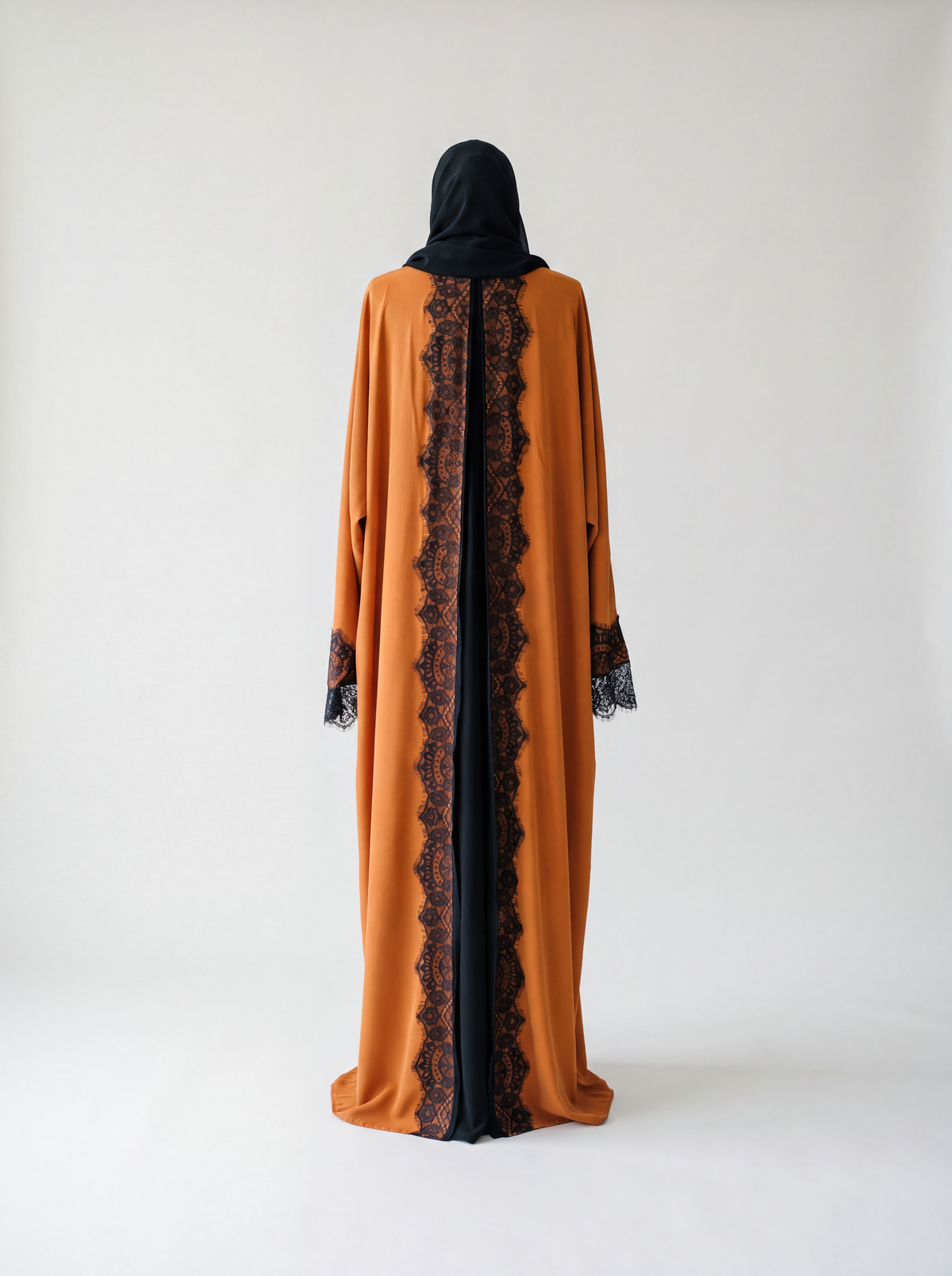 Layali Abaya - Burnt Orange black lace back panel detail