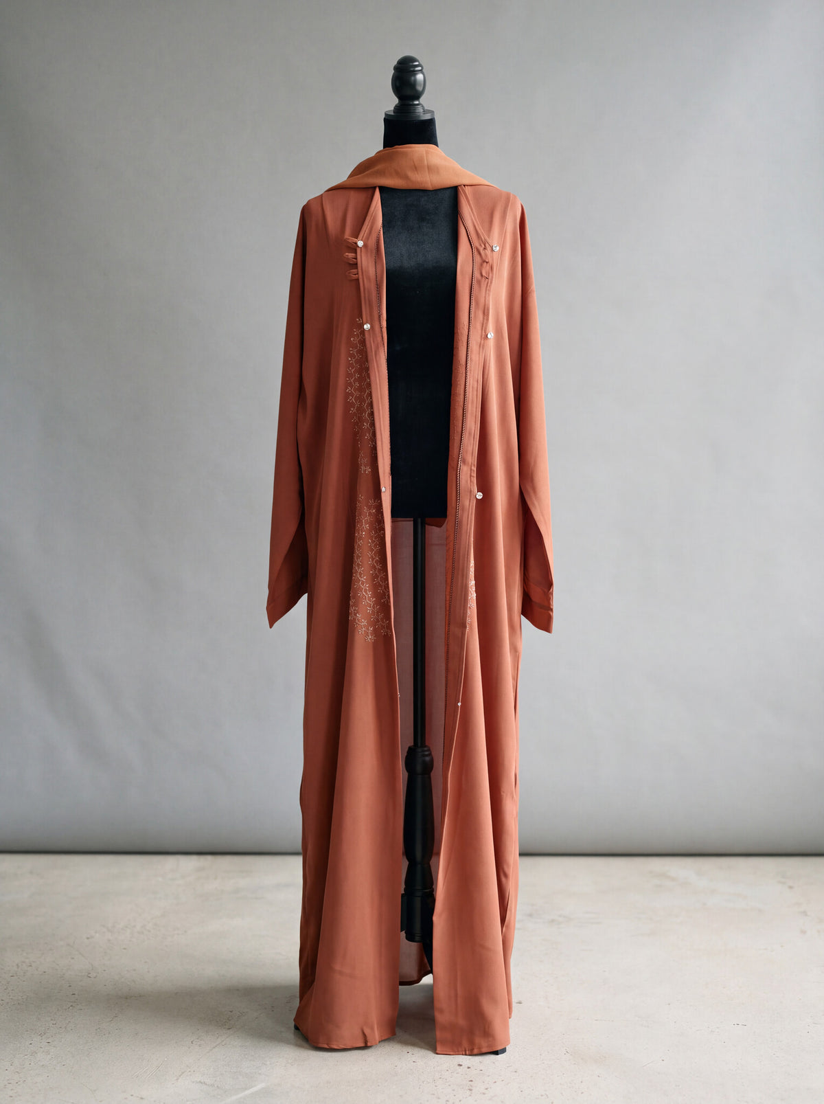 Sahara Abaya - desert rust back view showing pearl floral embroidery and matching hijab