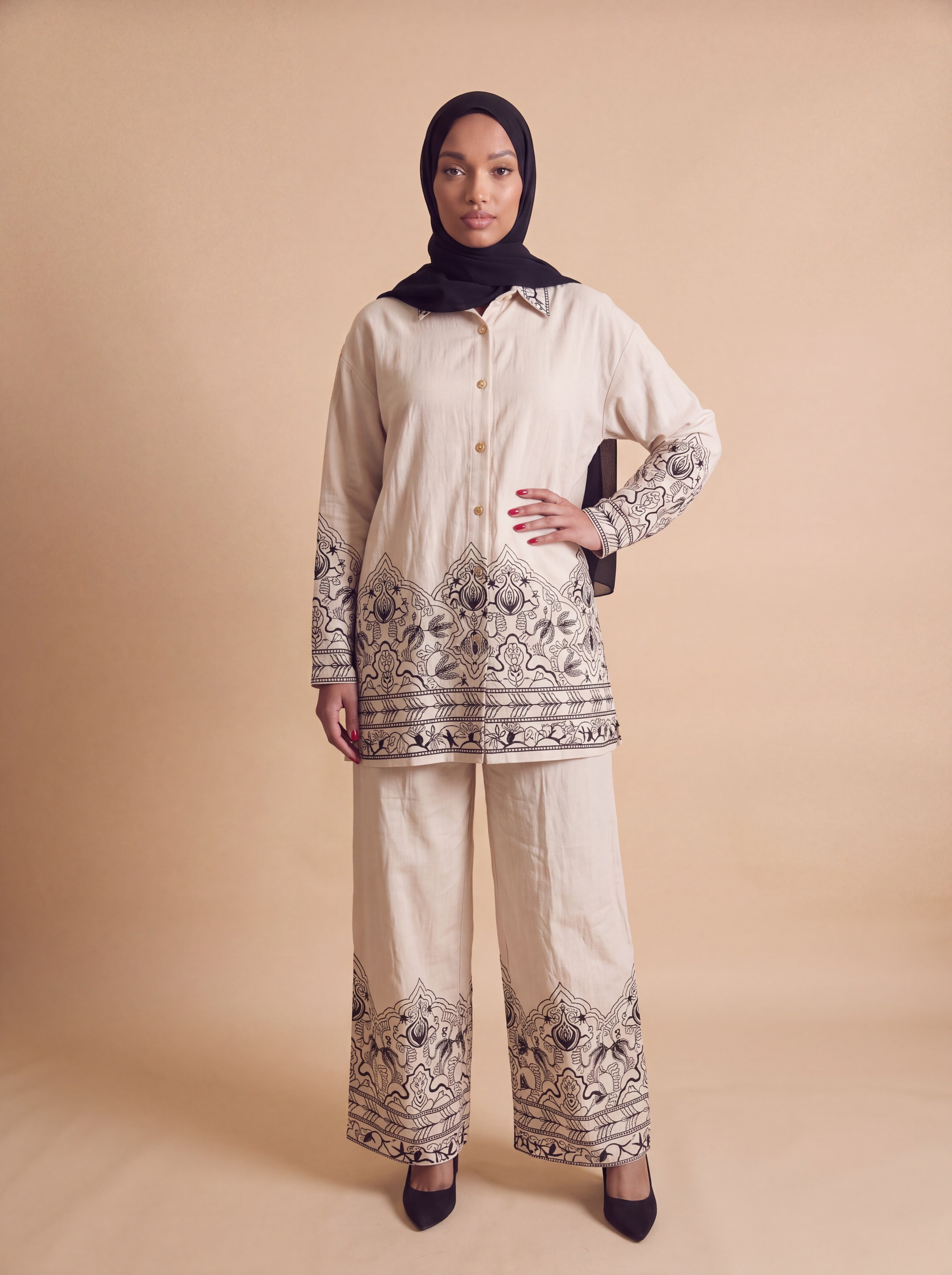 Beige embroidered set, front view 2
