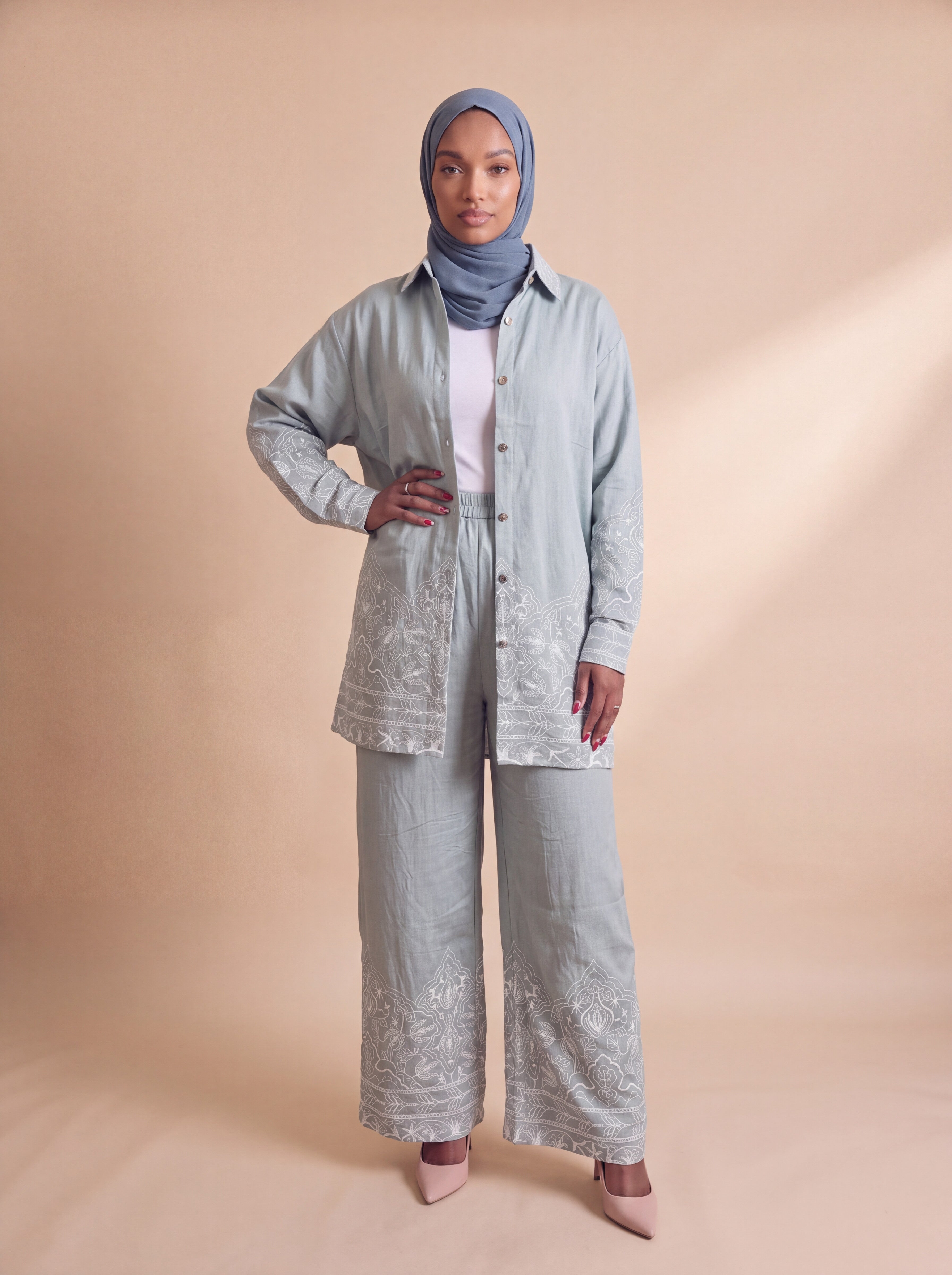 Sage blue embroidered set, front view