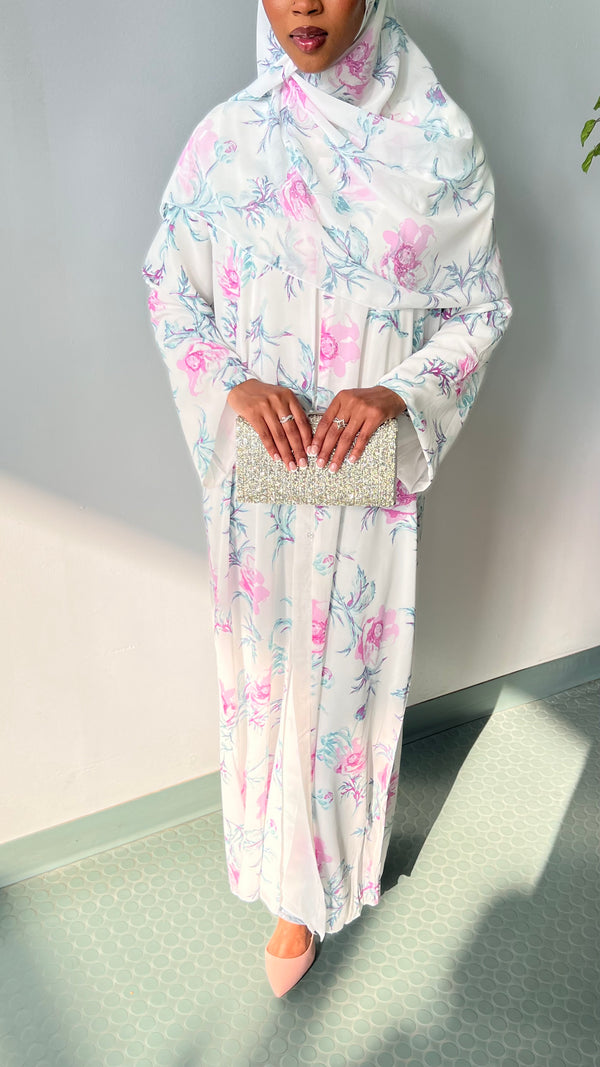 Lilac Mist Floral Double Chiffon Abaya Set