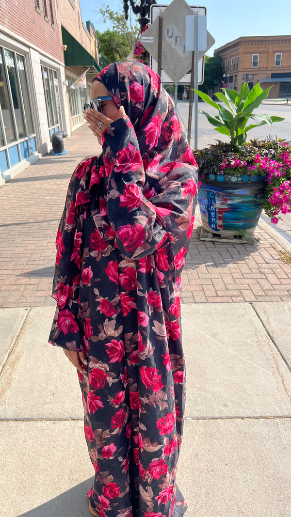 Jouri Rose Floral Double Chiffon Abaya Set