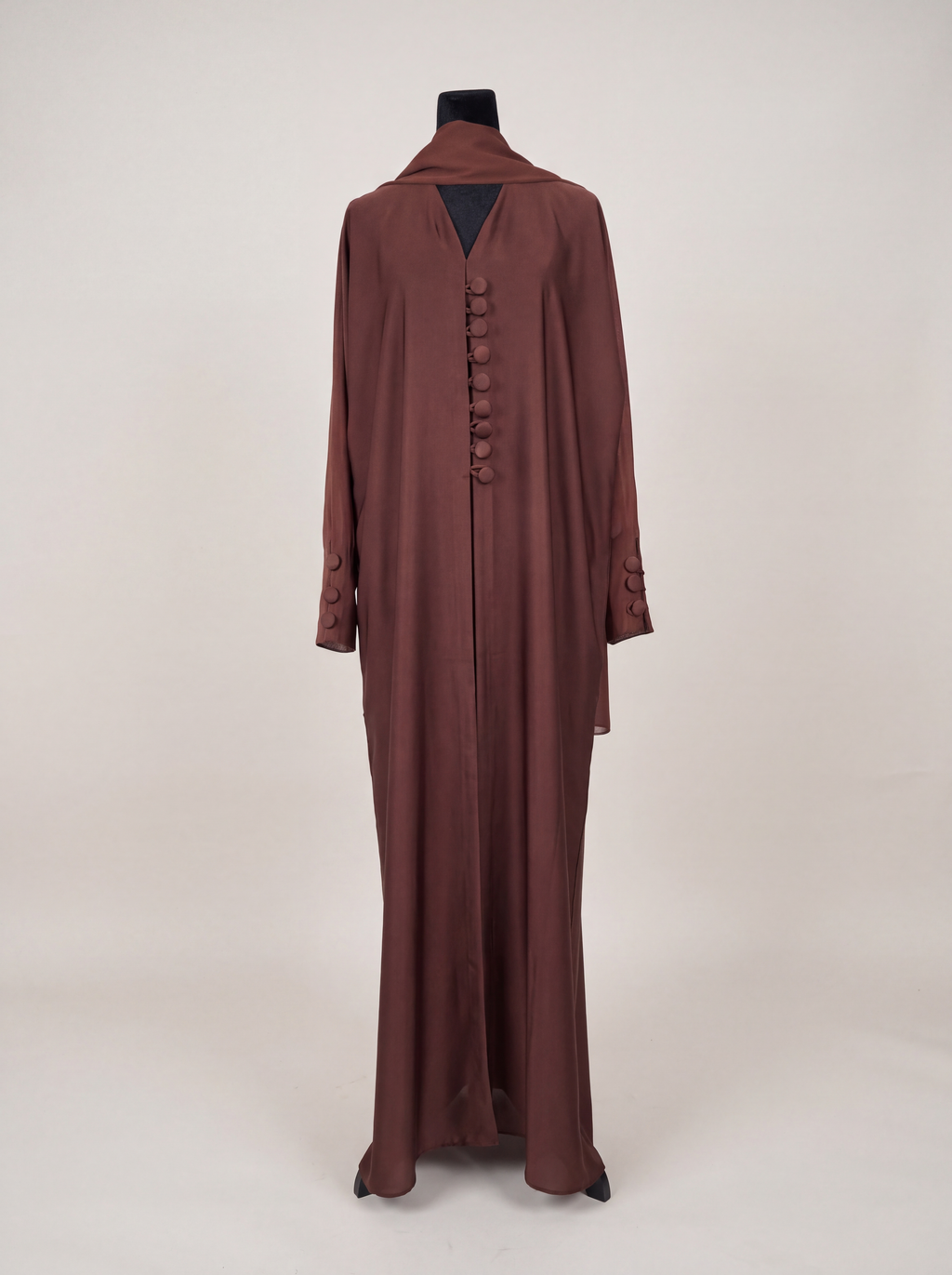 Hala Abaya - Cocoa Brown front view with covered buttons and matching hijab