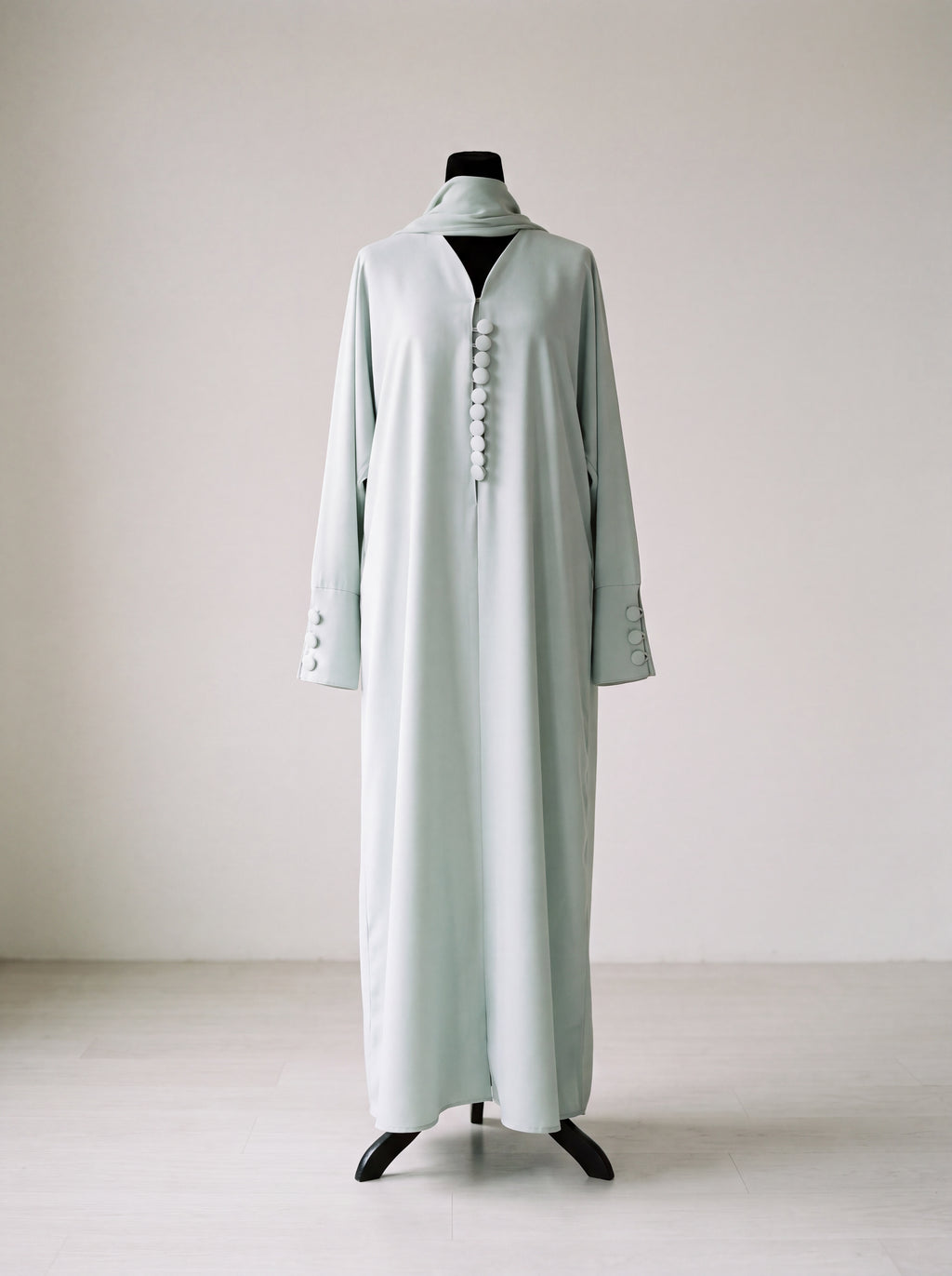 Hala Abaya - Soft Mint front view alternate with button detail