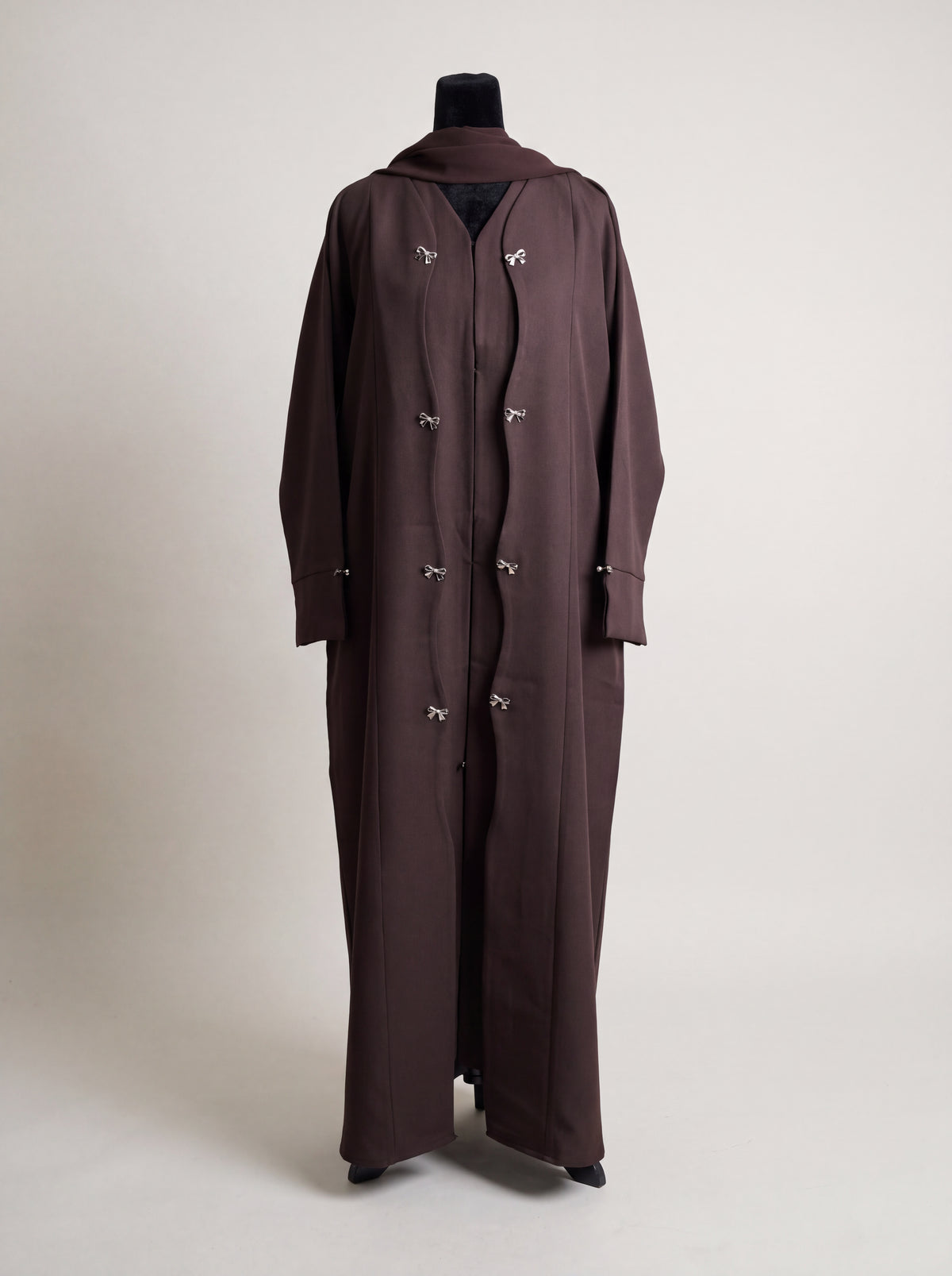 Raneem Abaya - Coffee Brown front view with bow clasp details