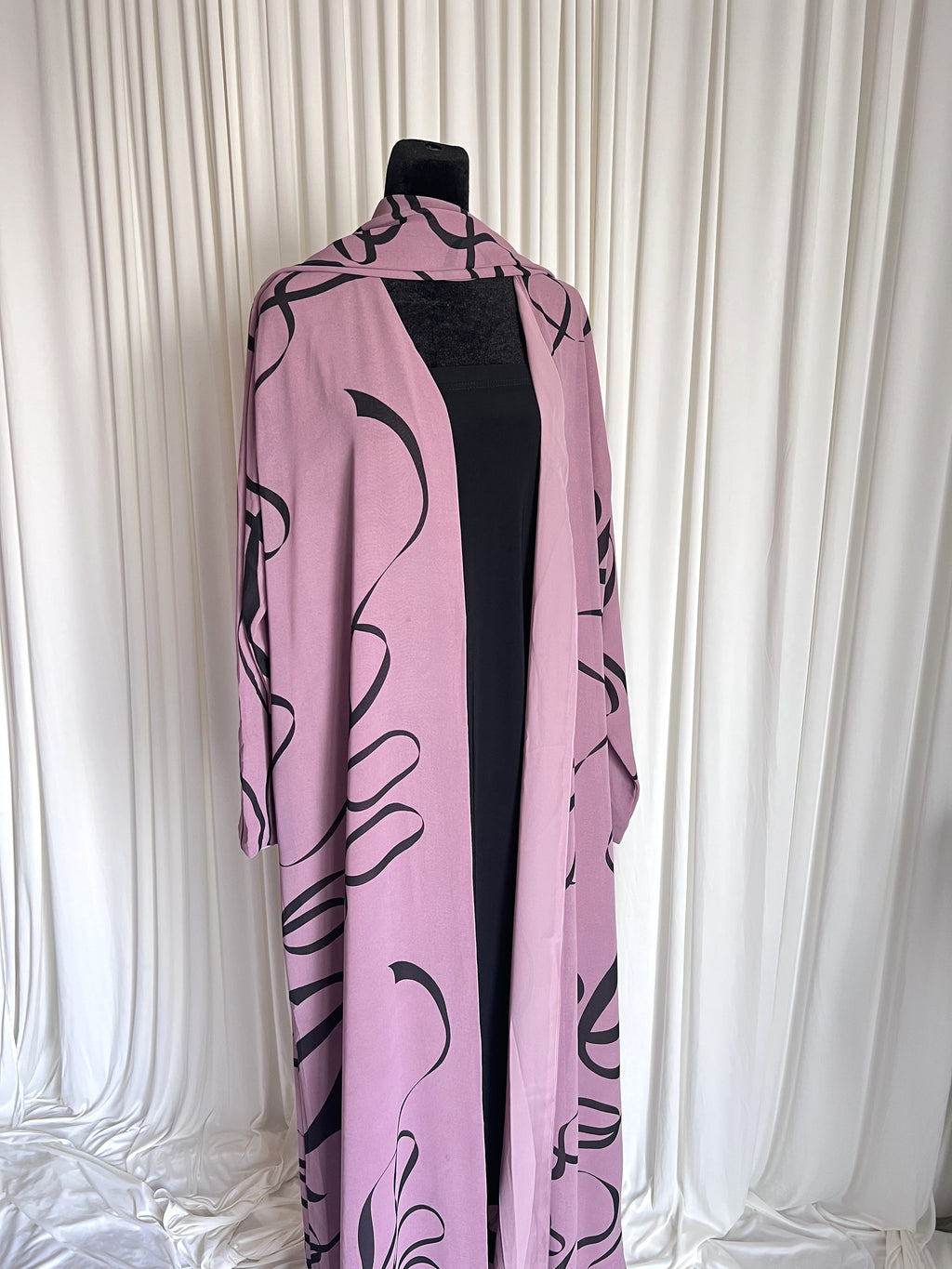 Antique Rose Stripe Double Chiffon Open Abaya Set front view on mannequin with matching hijab