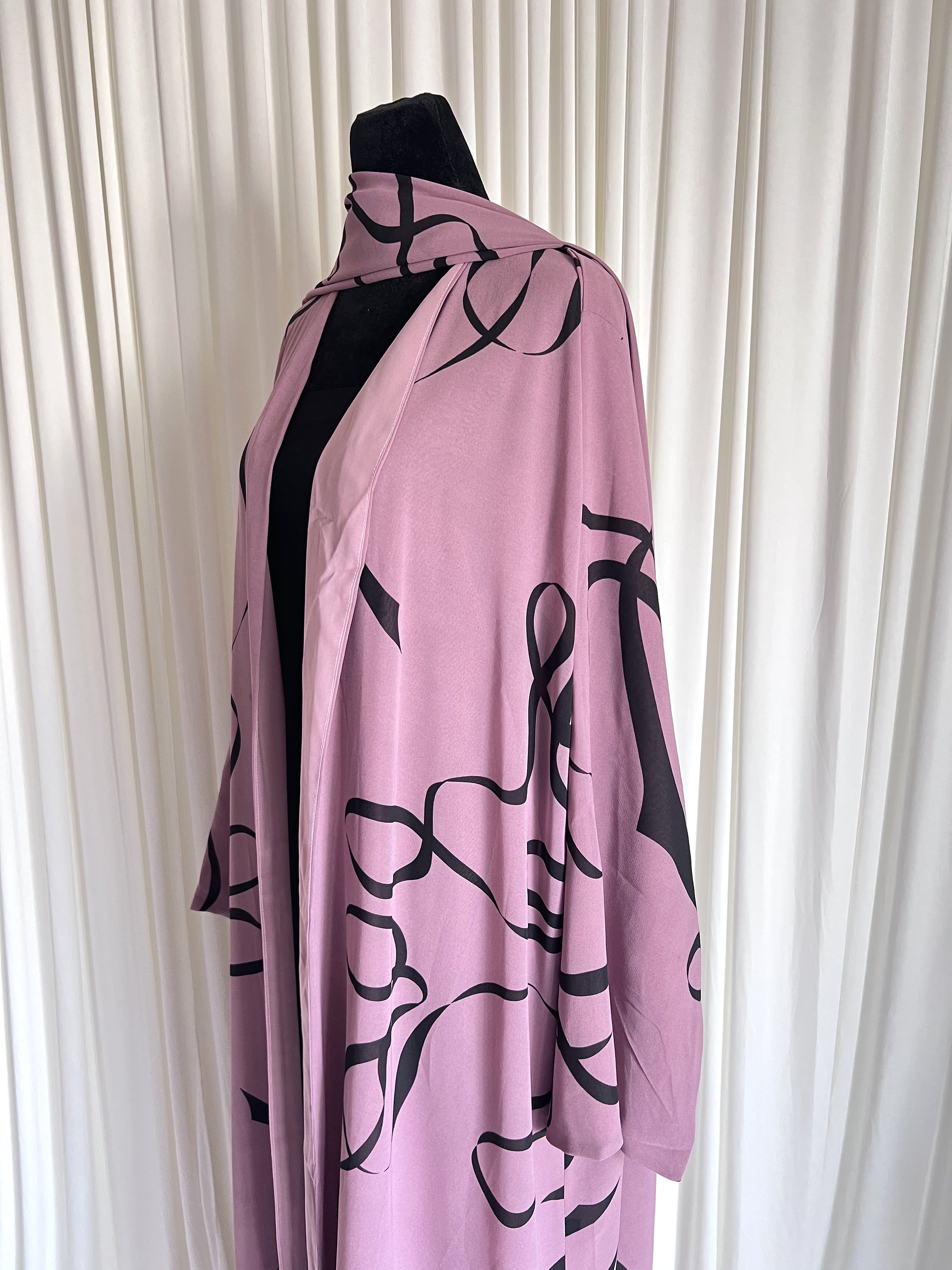 Antique Rose Stripe Double Chiffon Open Abaya Set angled side view