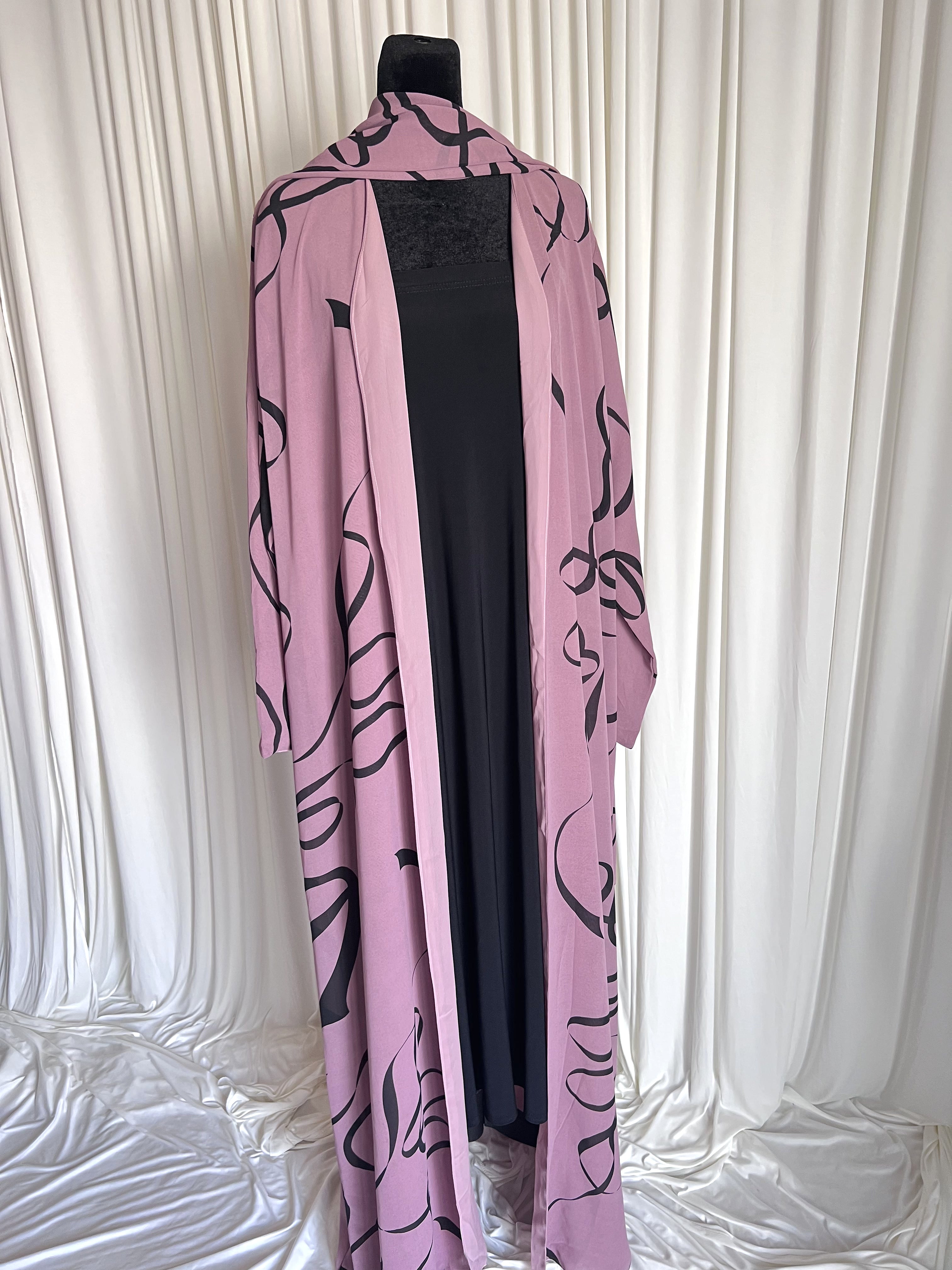 Antique Rose Stripe Double Chiffon Open Abaya Set open front with black inner dress