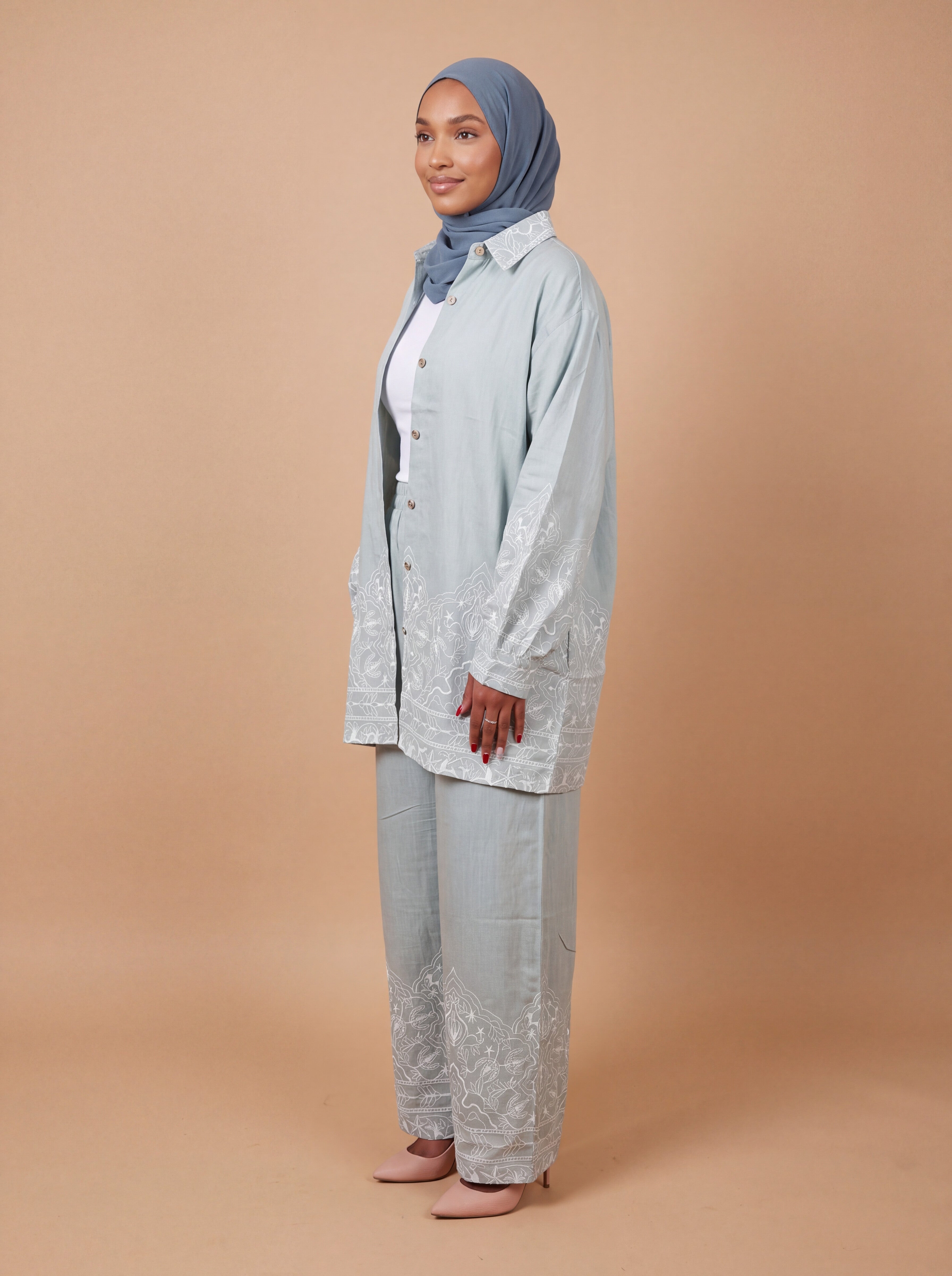 Sage blue embroidered set, side view