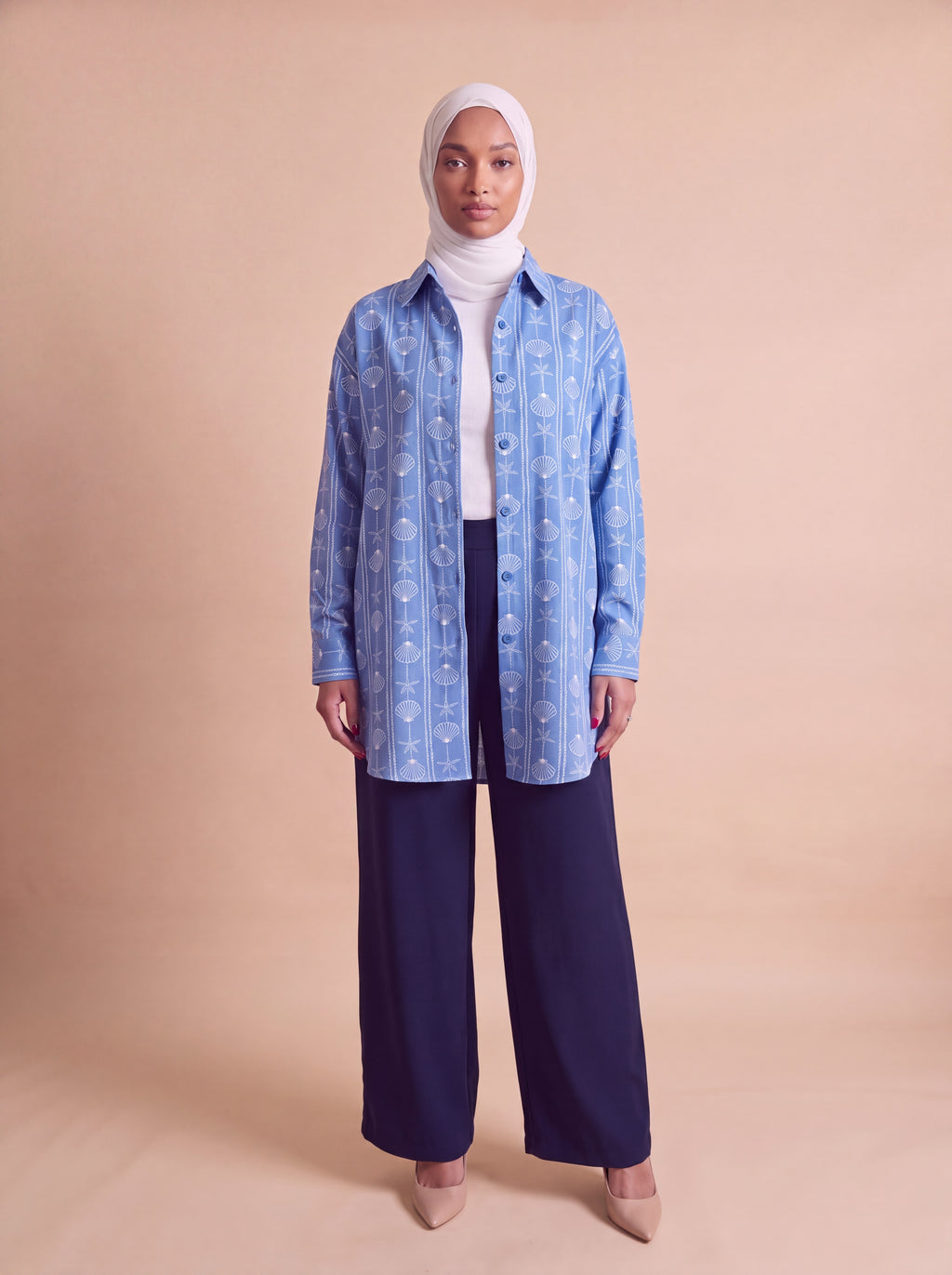 Blue navy patterned 2-piece set, styled