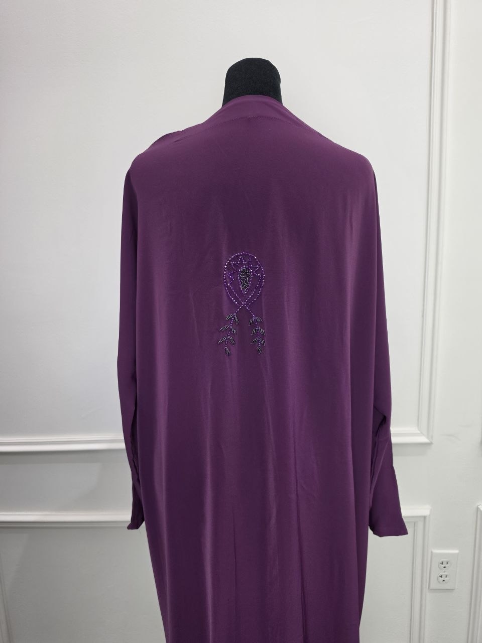 Balqees Abaya - Royal Plum back view showing Nida fabric drape