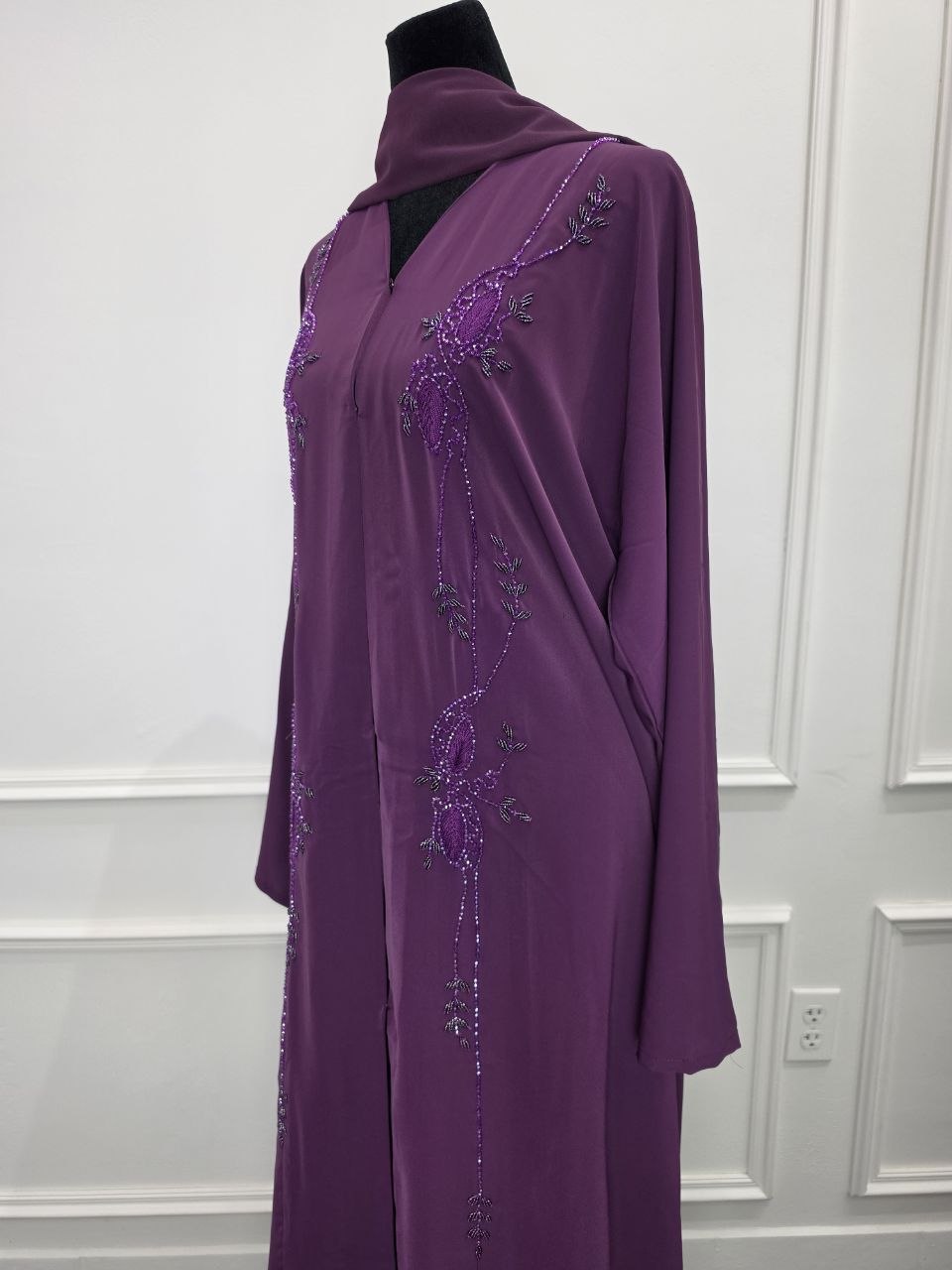 Balqees Abaya - Royal Plum side front view with pearl vine embellishment and matching hijab