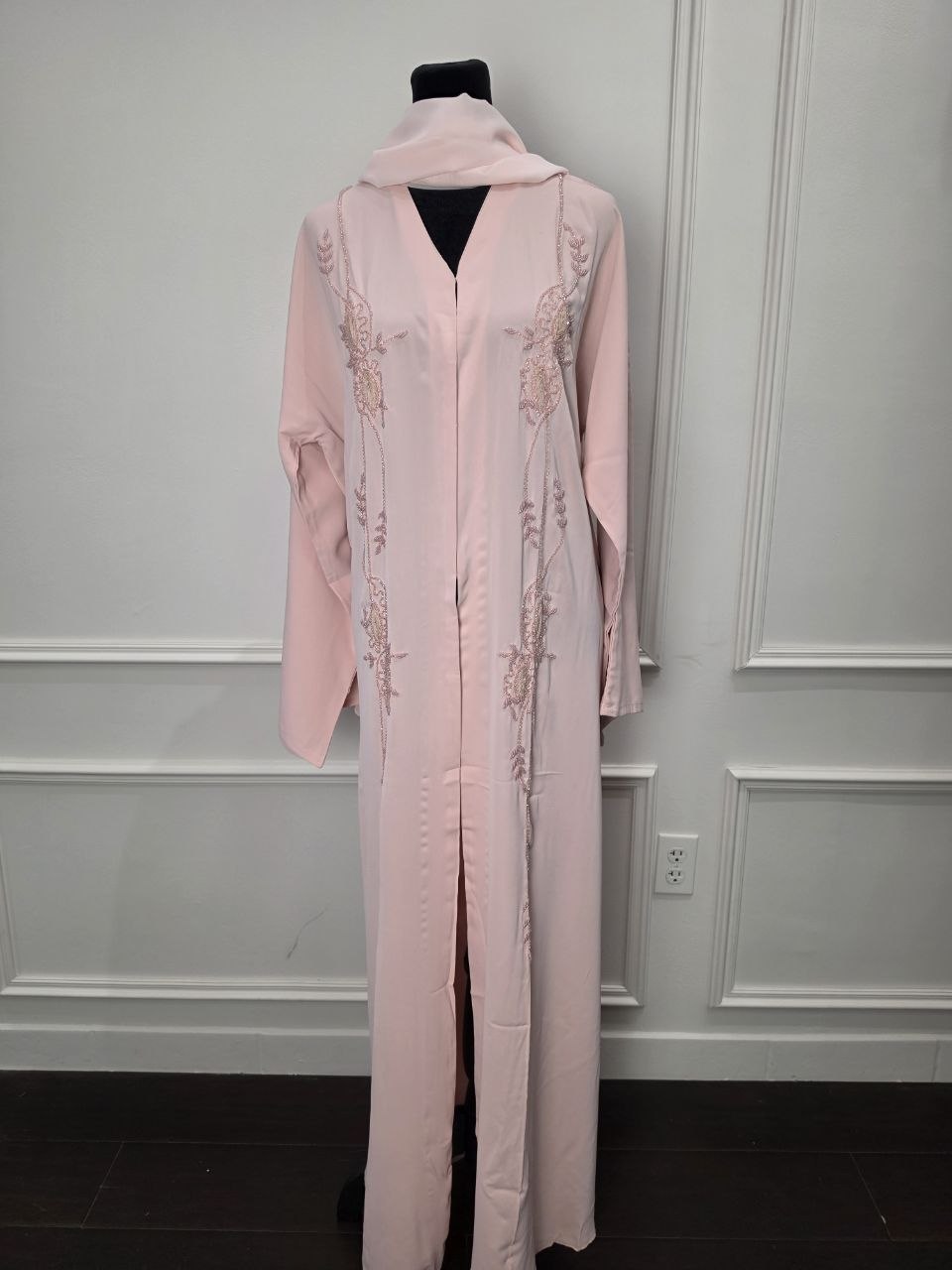 Balqees Abaya - Soft Blush front view with pearl vine embellishment and matching hijab
