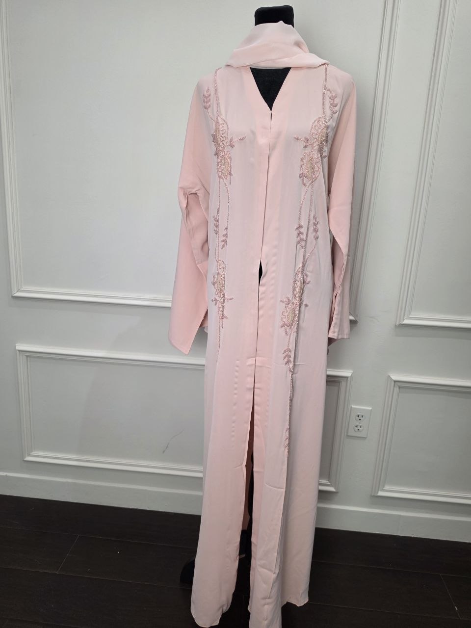 Balqees Abaya - Soft Blush full front view with long sleeves