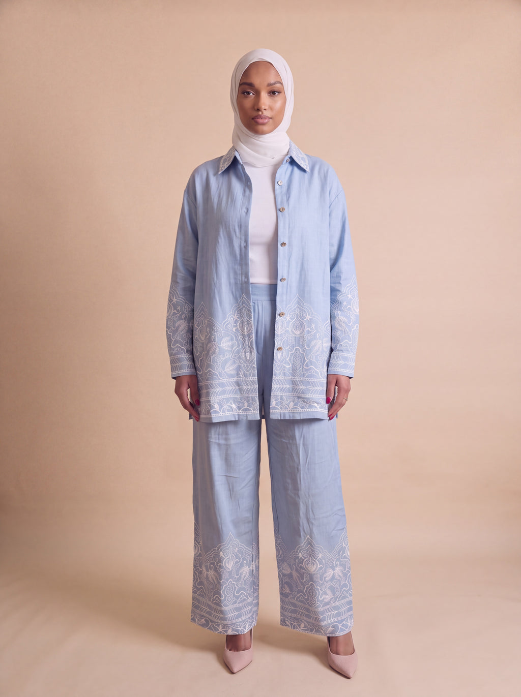 Baby blue embroidered set styled open