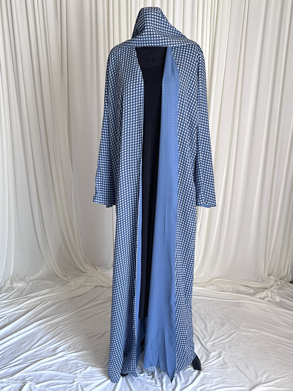 Coastal Gingham Check Double Chiffon Open Abaya Set front view on mannequin with matching hijab